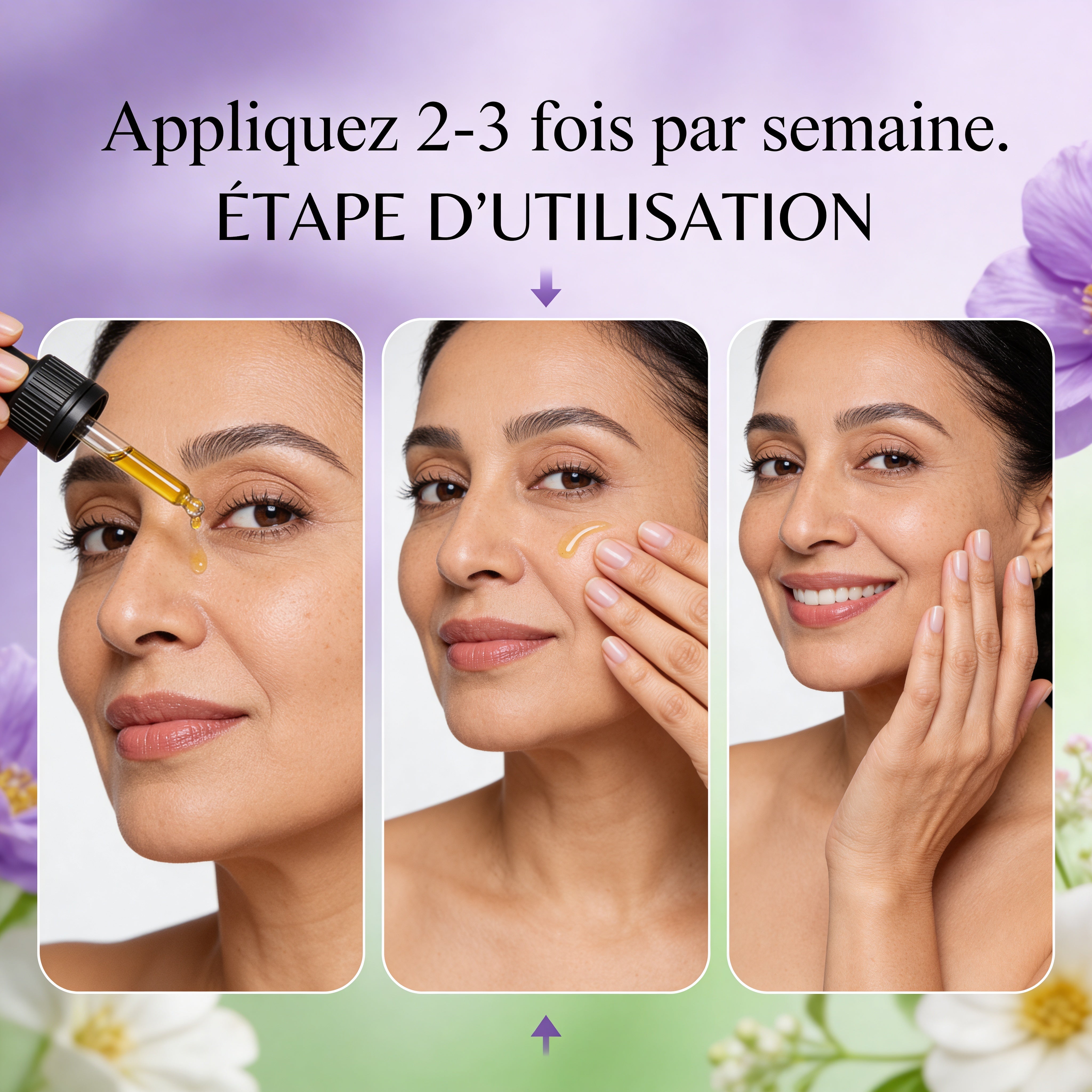 Huile Essentielle Lavande Fine BIO | Peau sensible : calme rougeurs & irritations applied to face with dropper and gentle massage steps