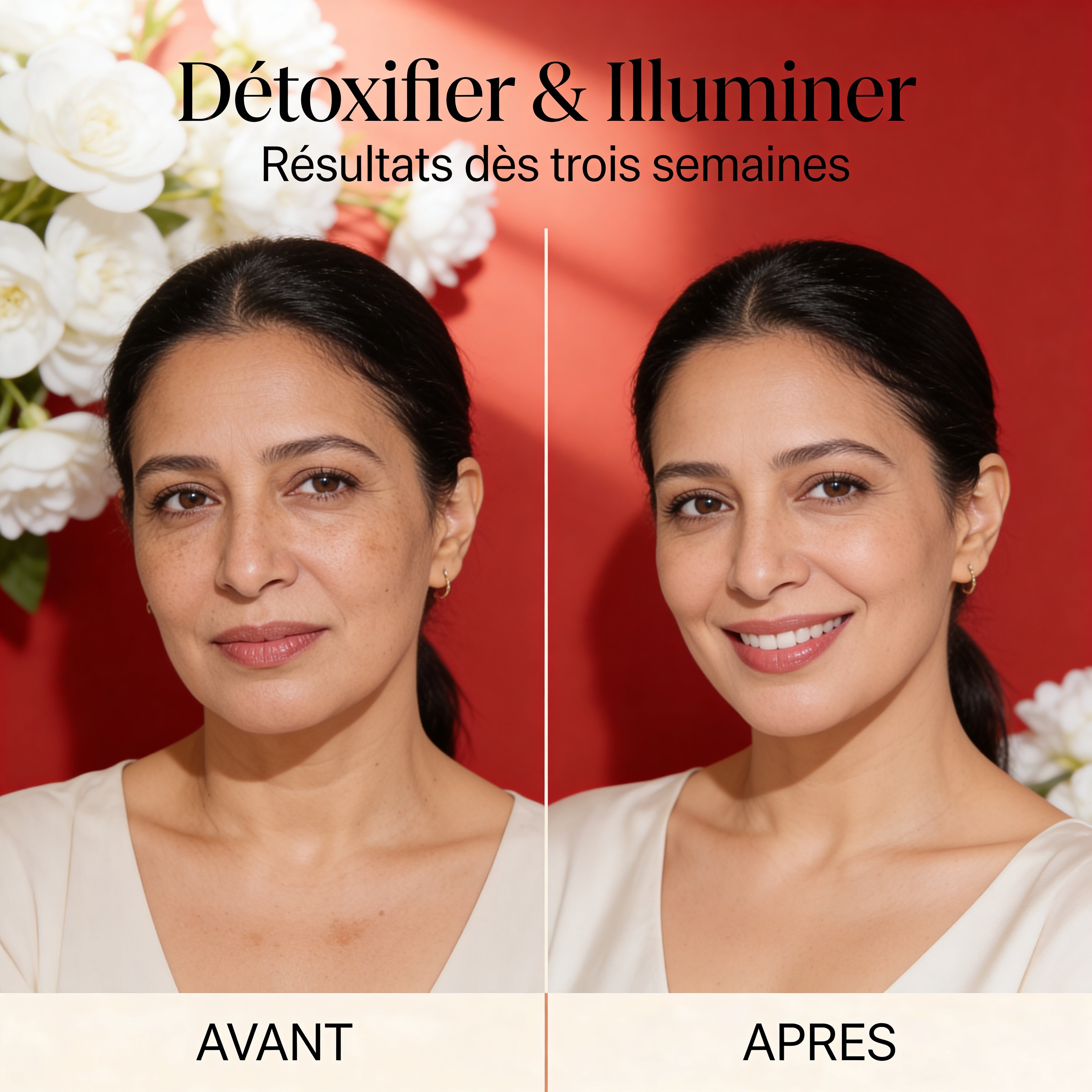 Before and after comparison of a woman’s glowing skin using Herbes à Thé BIO – Mélange Détox Beauté tea blend