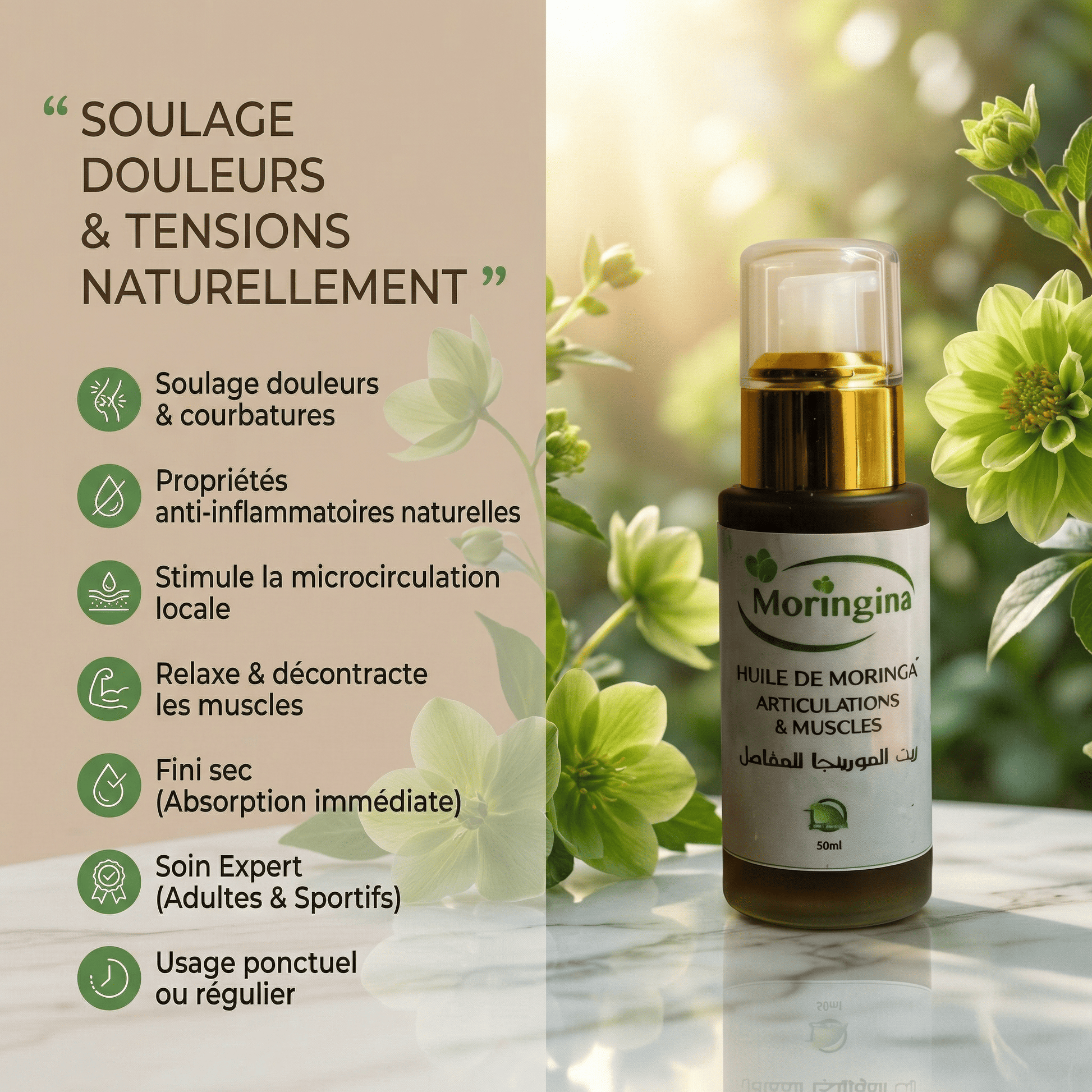 JODHUR Huile Moringa Articulations & Muscles | Moringa et huile d’argan pour soulager douleurs et tensions naturellement.