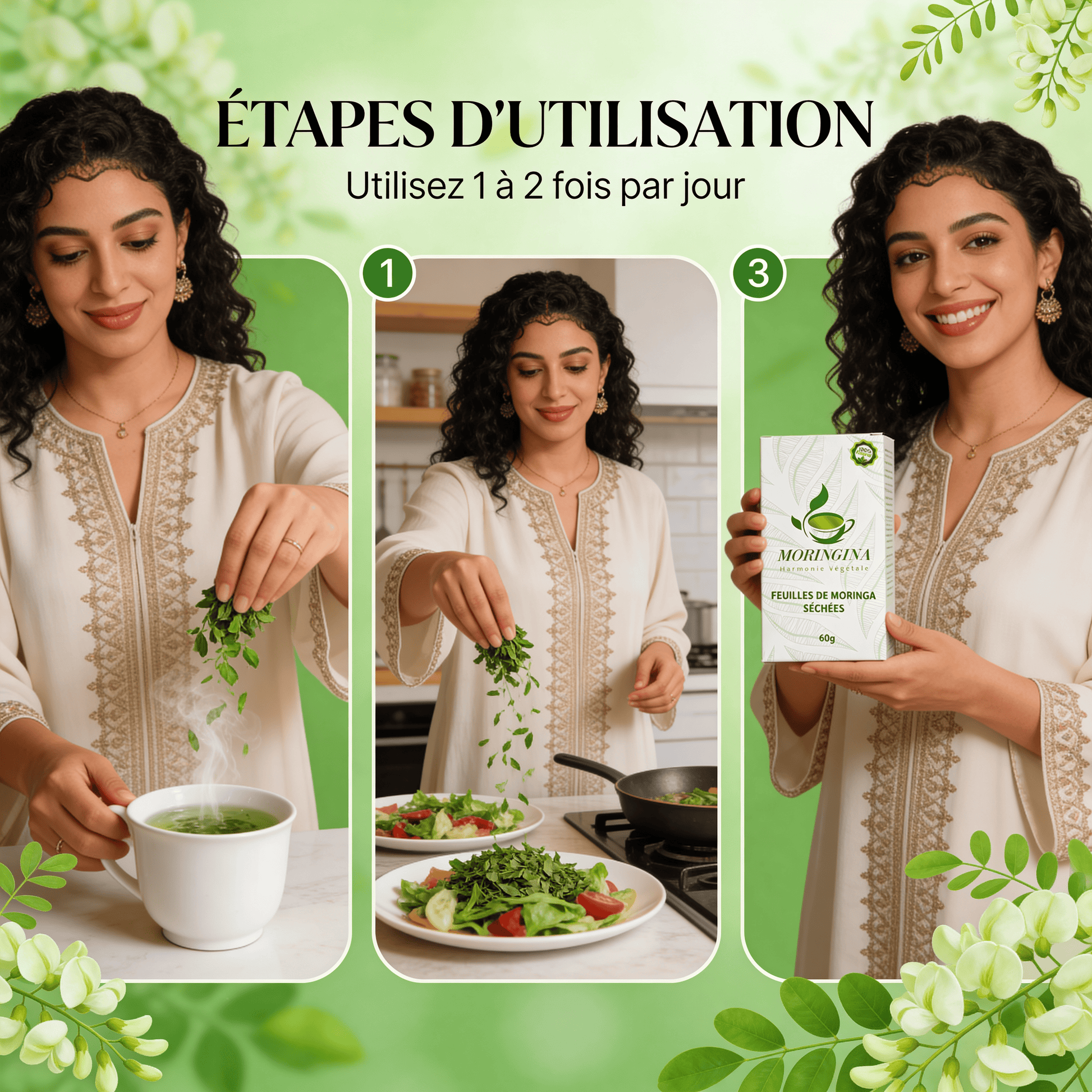JODHUR Feuilles de Moringa Séchées | Vitalité naturelle · 90+ nutriments pour soins visage et cheveux nourrissants au moringa.