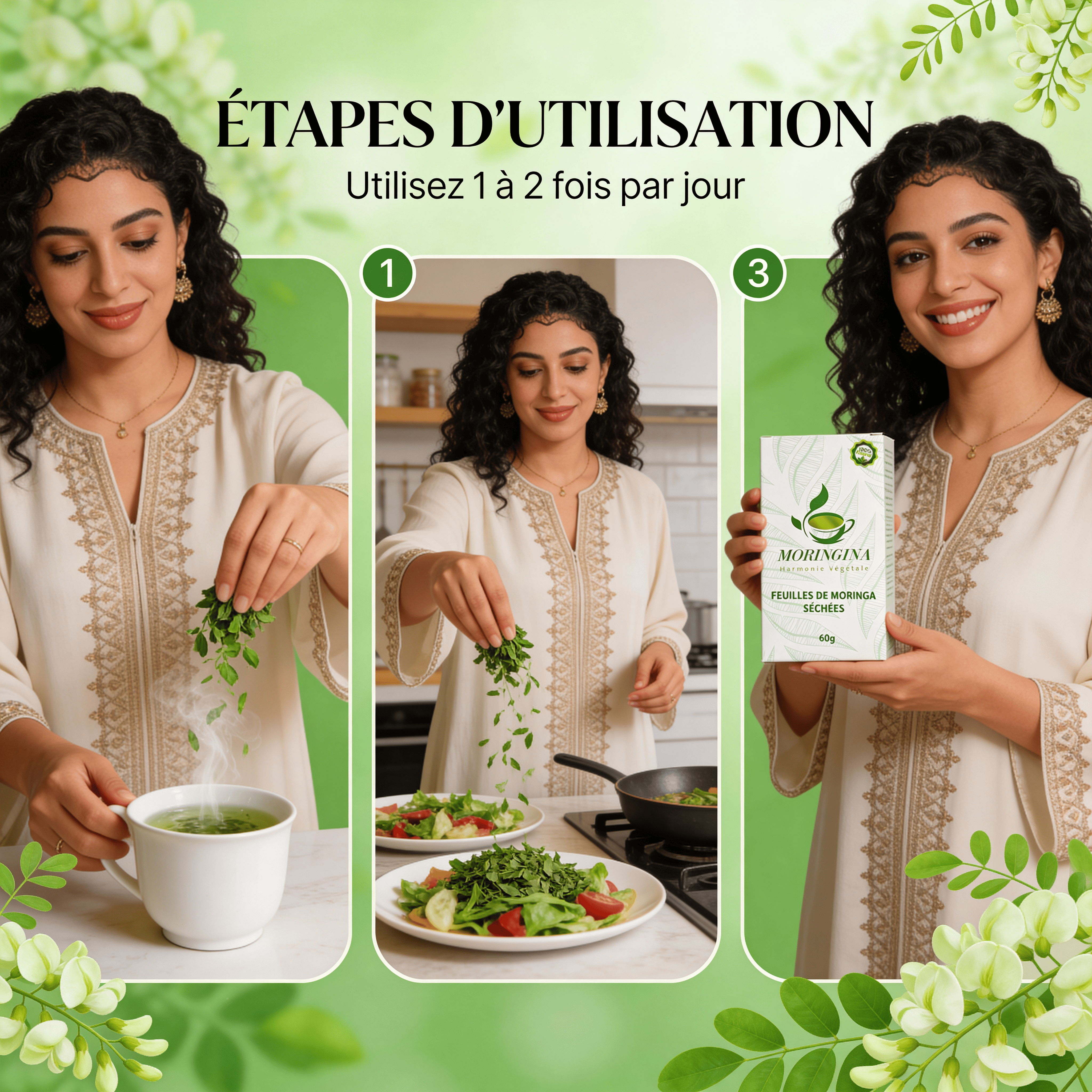 JODHUR Feuilles de Moringa Séchées | Vitalité naturelle · 90+ nutriments pour soins visage et cheveux nourrissants au moringa.