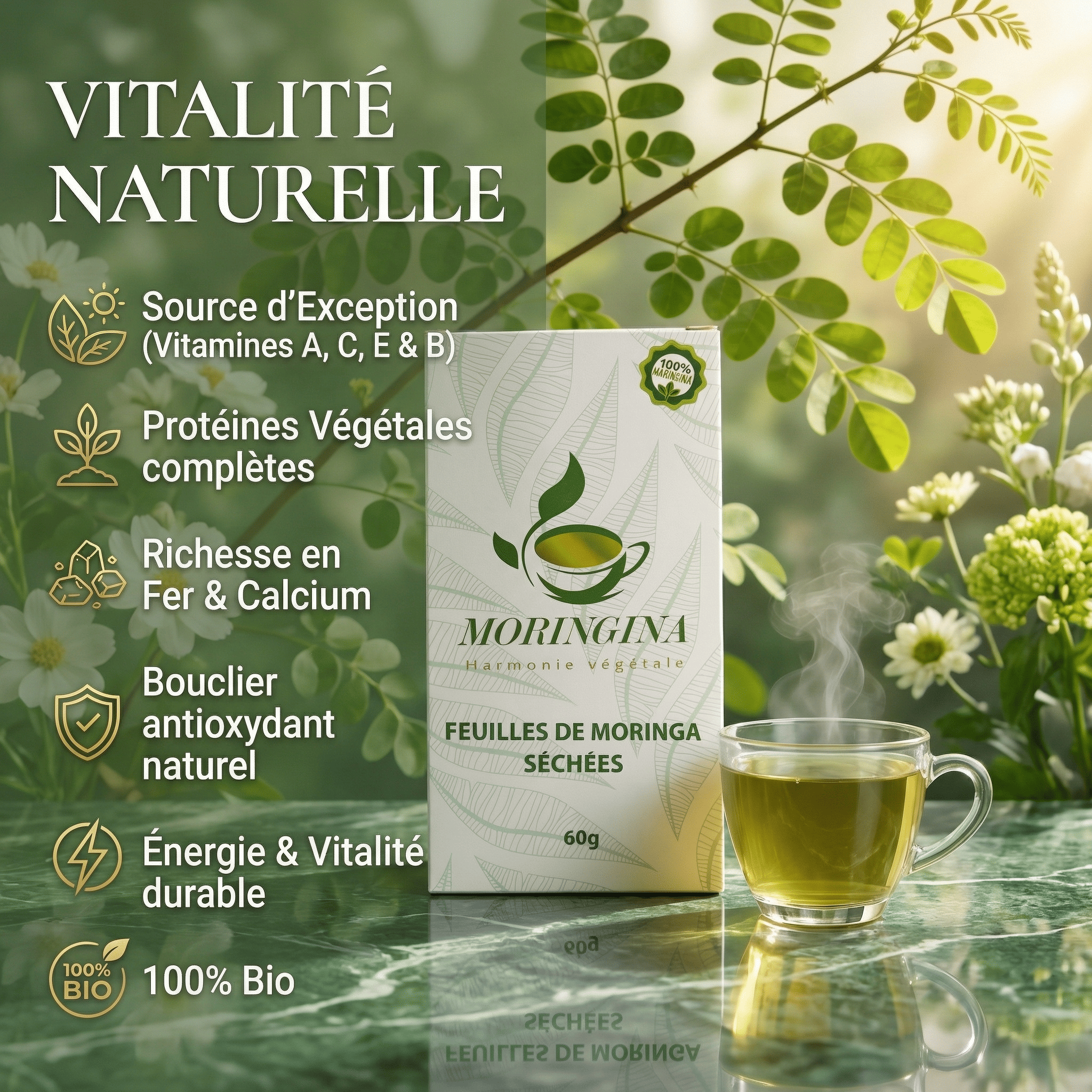 JODHUR Feuilles de Moringa Séchées | Vitalité naturelle · 90+ nutriments, moringa bio pour énergie et bouclier antioxydant naturel.
