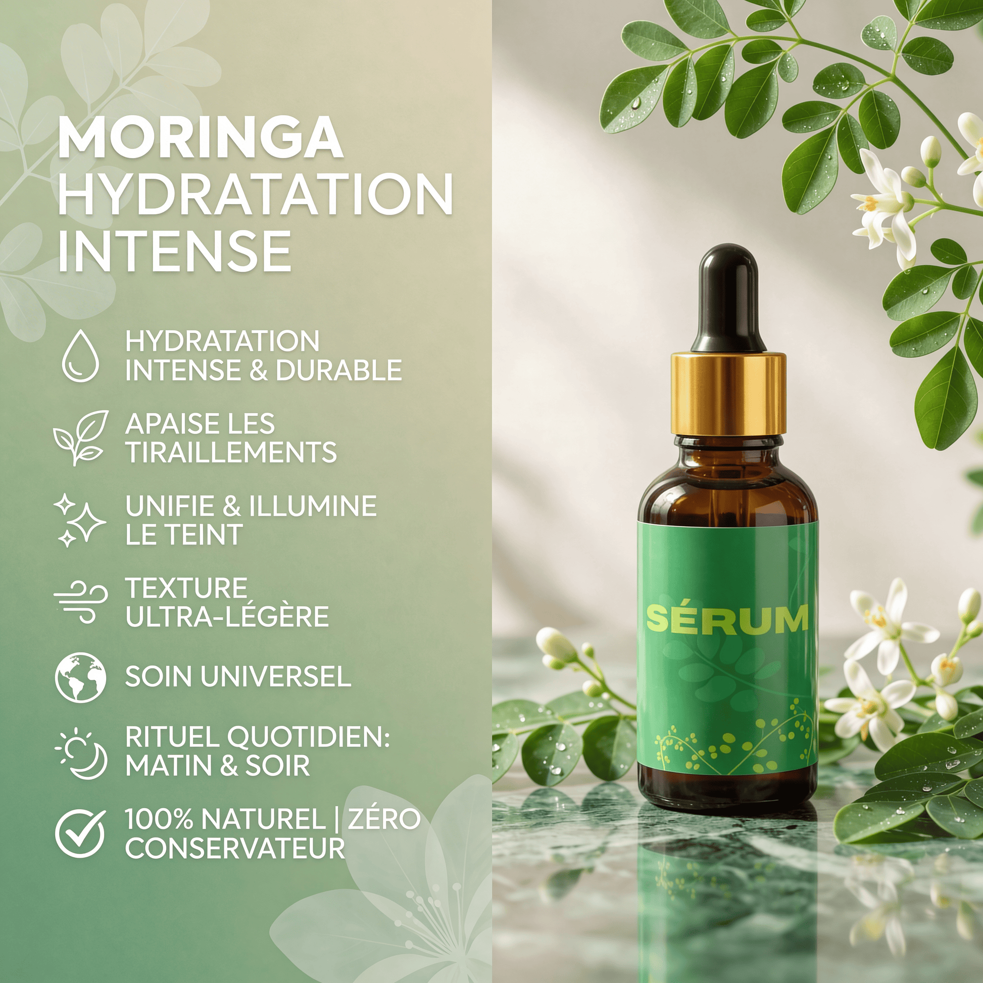 JODHUR Sérum Moringa Hydratant | Élimine les tiraillements dès la 1ère utilisation avec infusion moringa et hydratation intense.