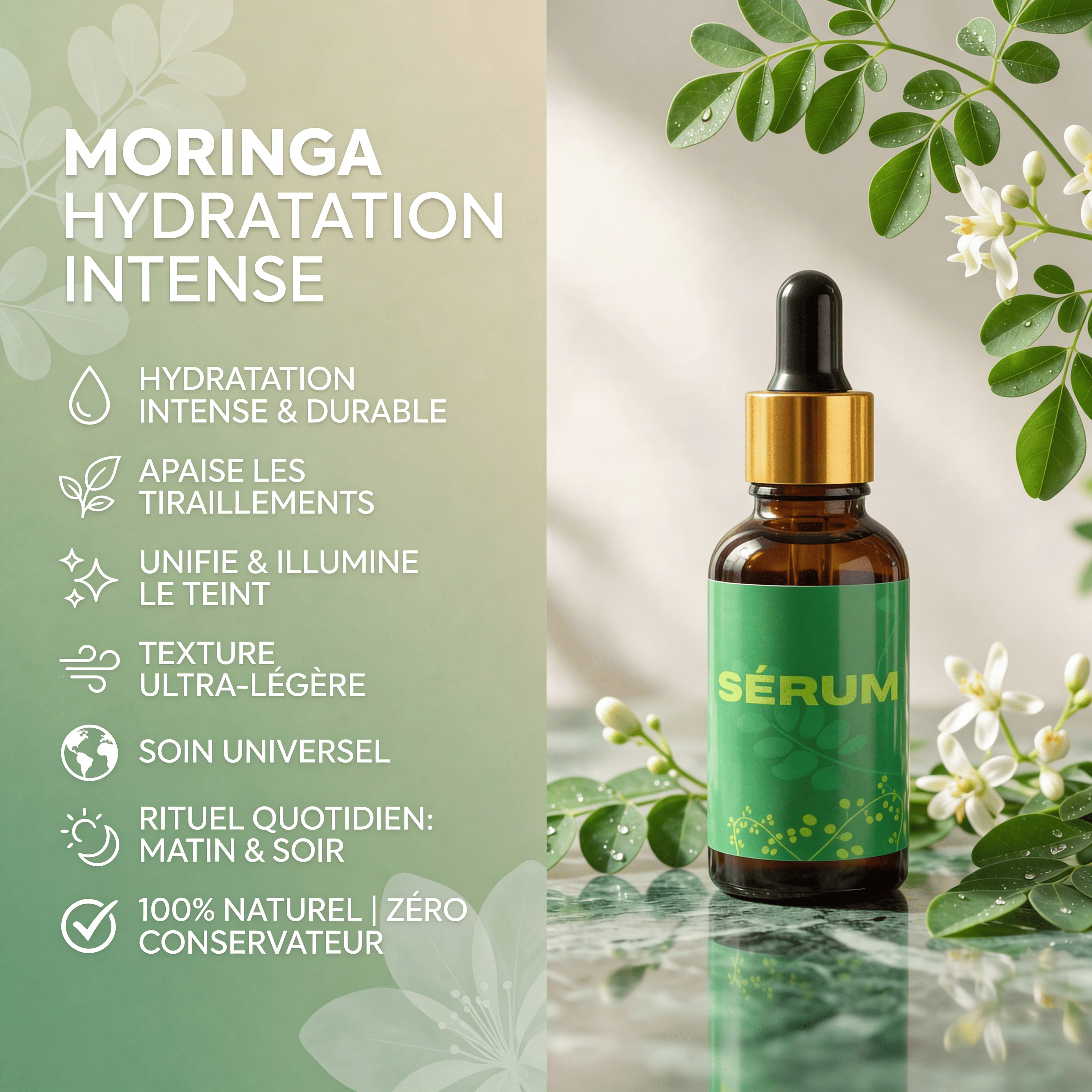 JODHUR Sérum Moringa Hydratant | Élimine les tiraillements dès la 1ère utilisation avec infusion moringa et hydratation intense.