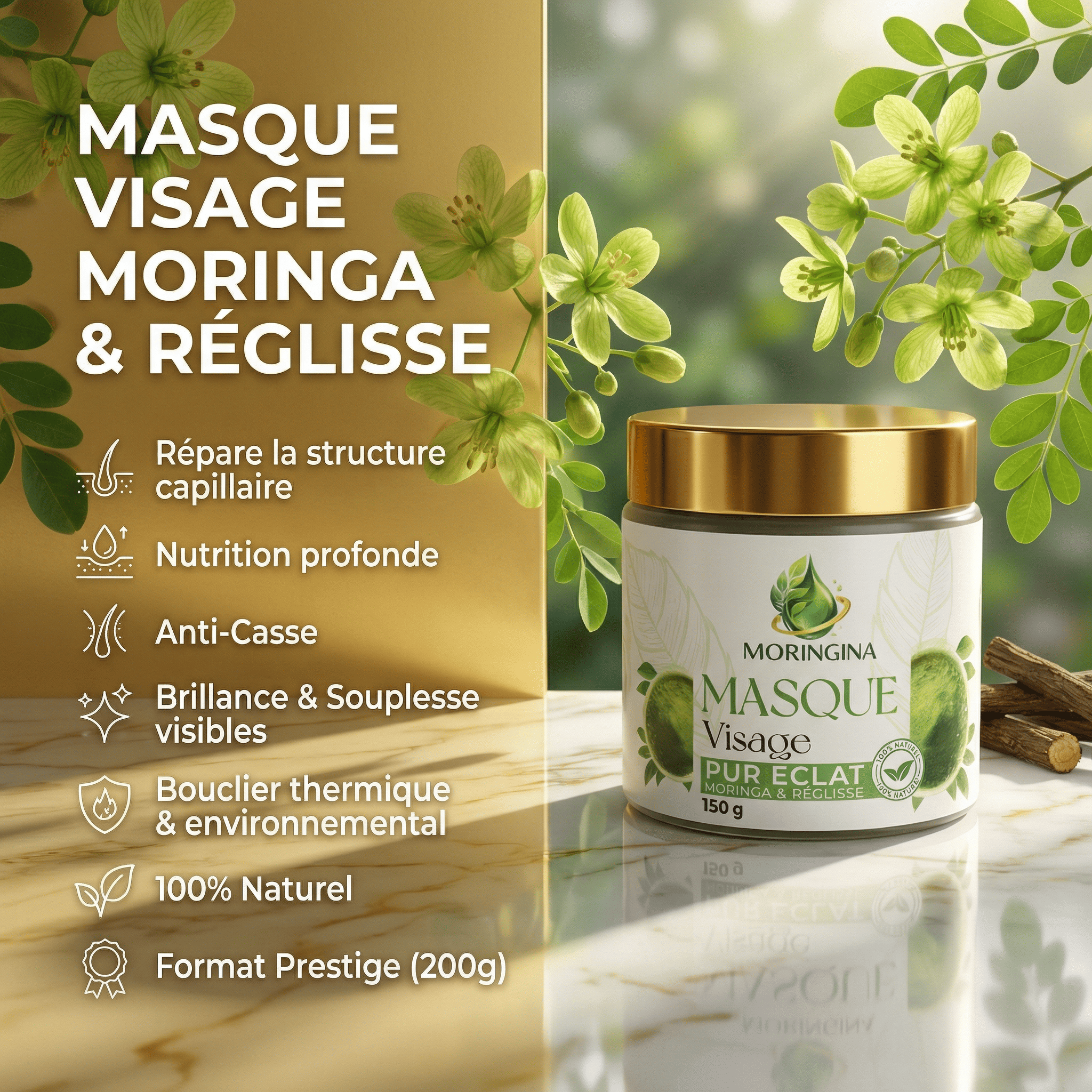 Masque Visage Moringa & Réglisse JODHUR, cosmétique naturel marocain, unifie le teint et estompe les taches, soin purifiant et nourrissant.