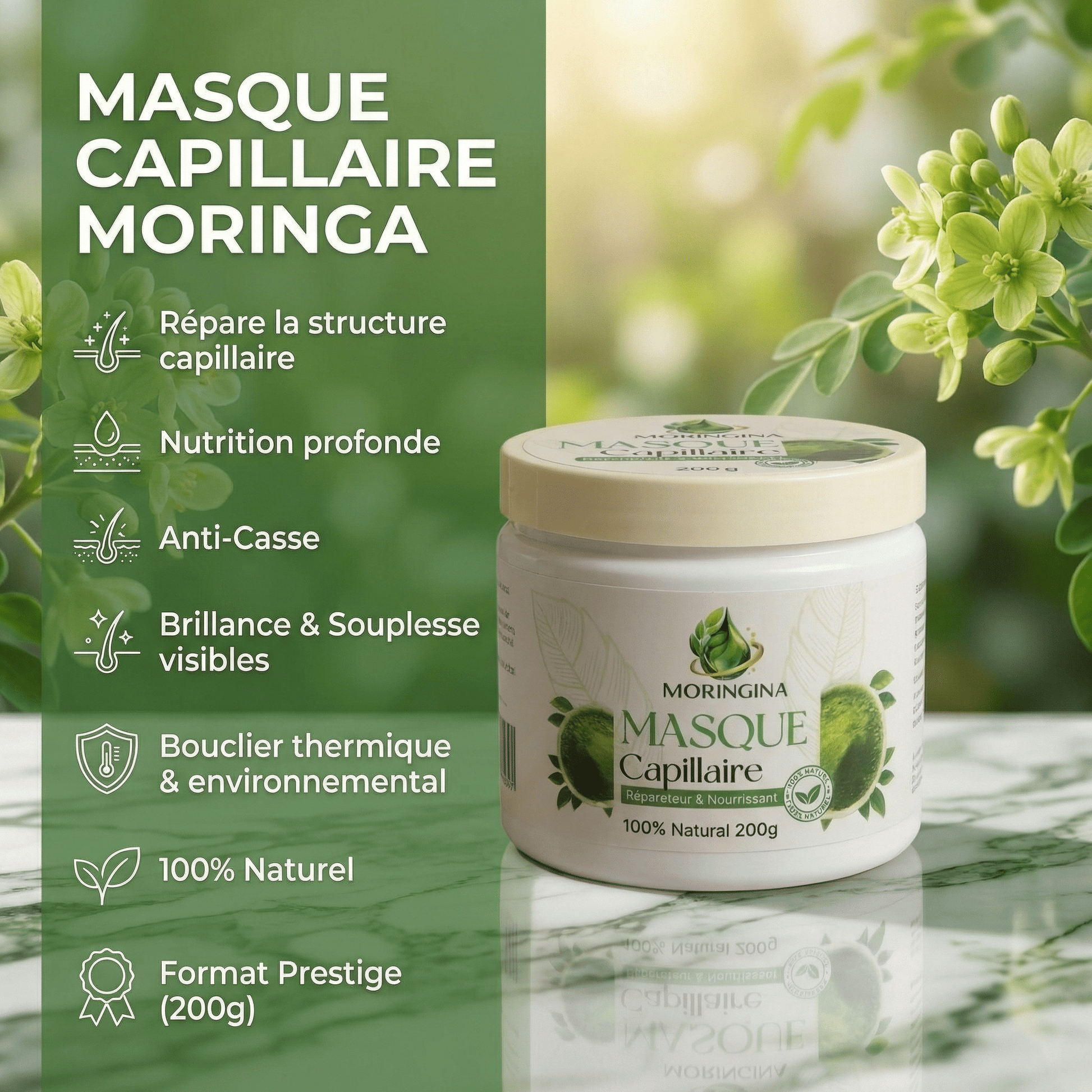 Masque Capillaire Moringa | Répare les cheveux abîmés en profondeur avec JODHUR, moringa et huile d’argan nourrissants naturels.