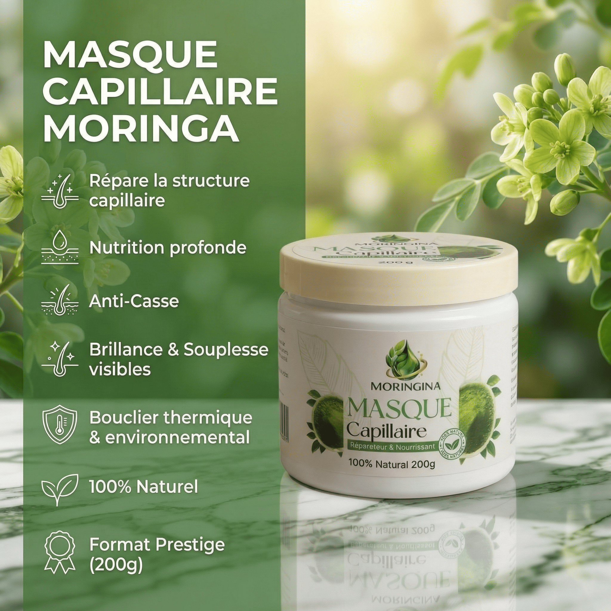 Masque Capillaire Moringa | Répare les cheveux abîmés en profondeur avec JODHUR, moringa et huile d’argan nourrissants naturels.