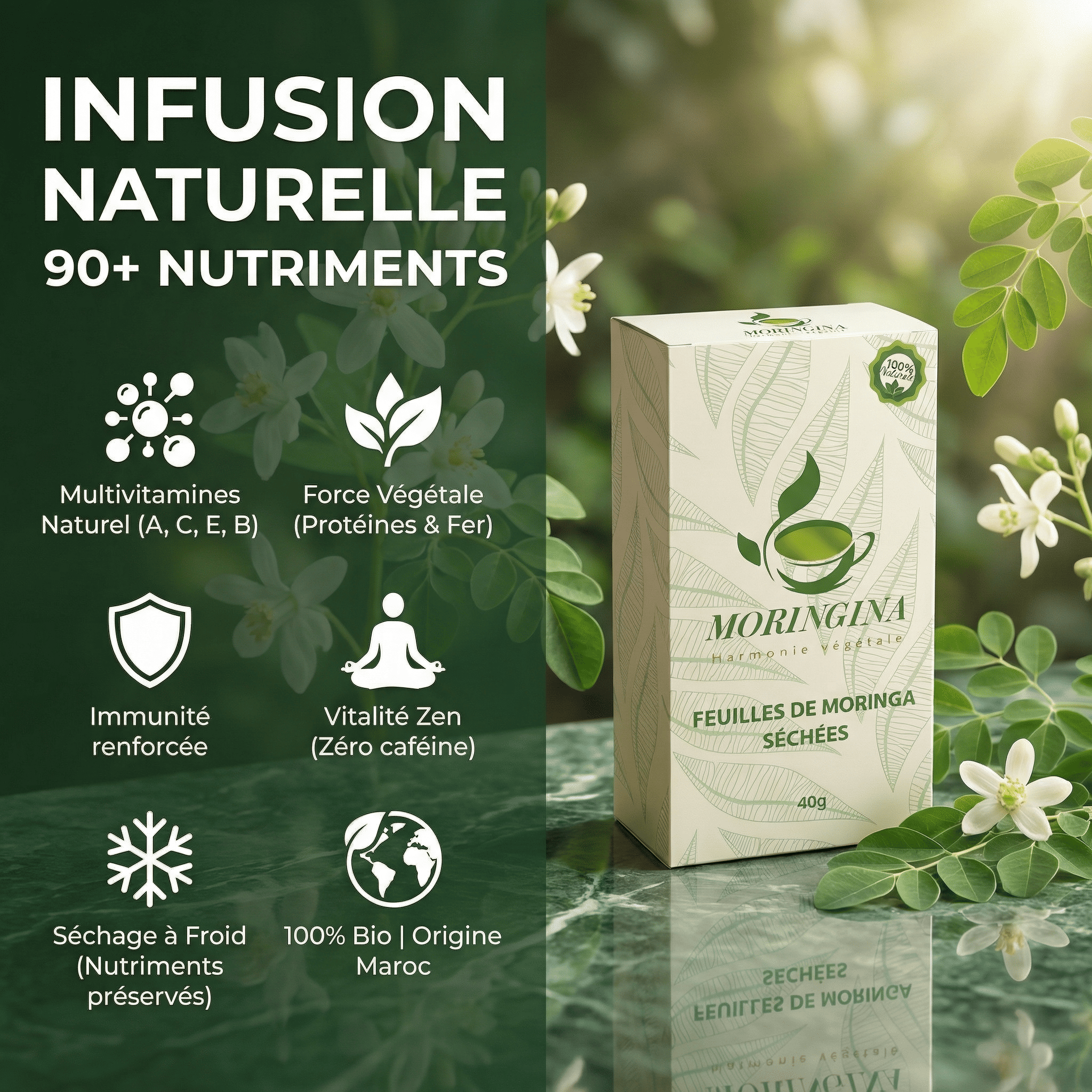 Feuilles de Moringa Séchées 40g | Infusion naturelle 90+ nutriments JODHUR, riche en moringa bio pour vitalité et immunité renforcée.