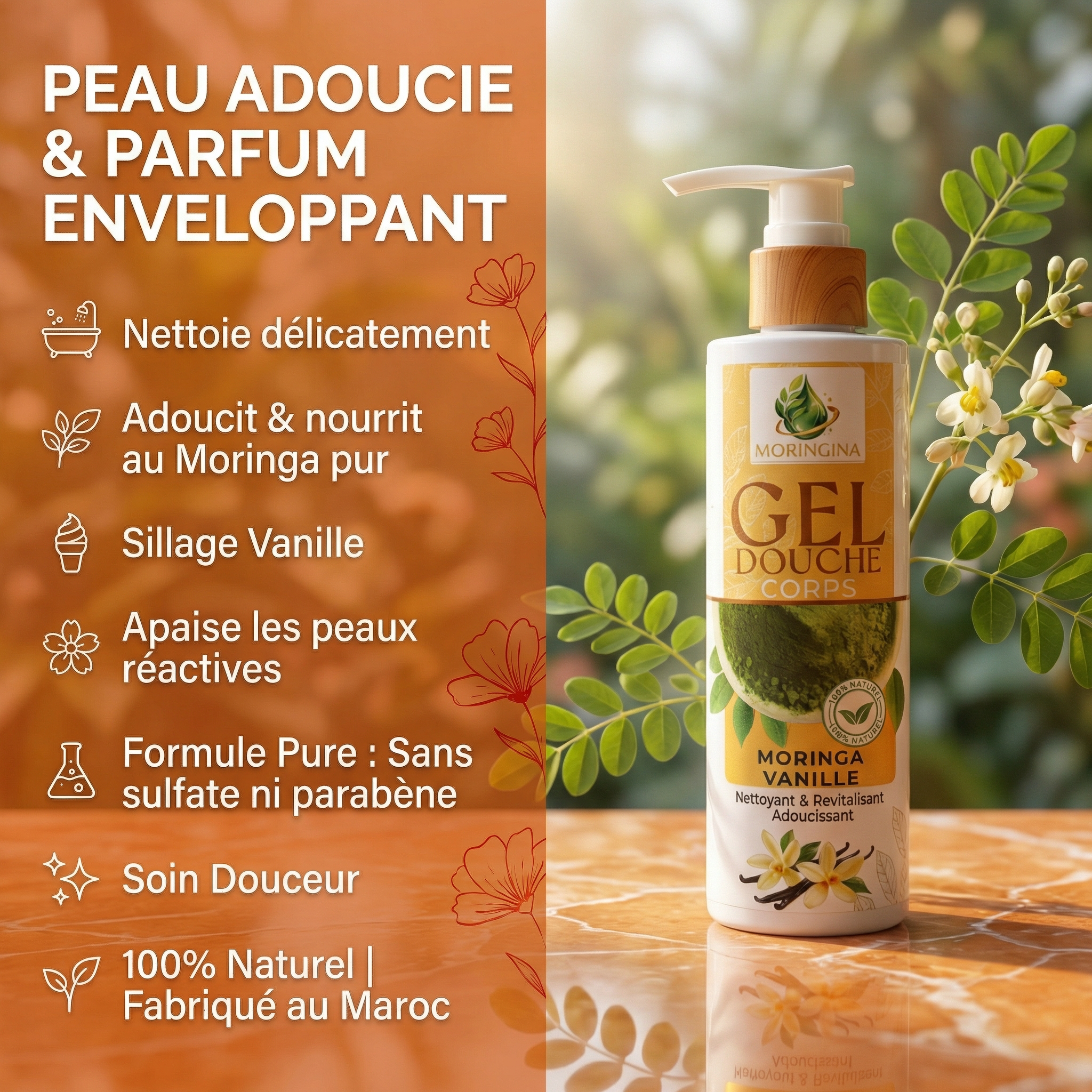 JODHUR Gel Douche Corps Moringa Vanille avec moringa bio et huile d’argan pour peau adoucie et parfum délicieux.