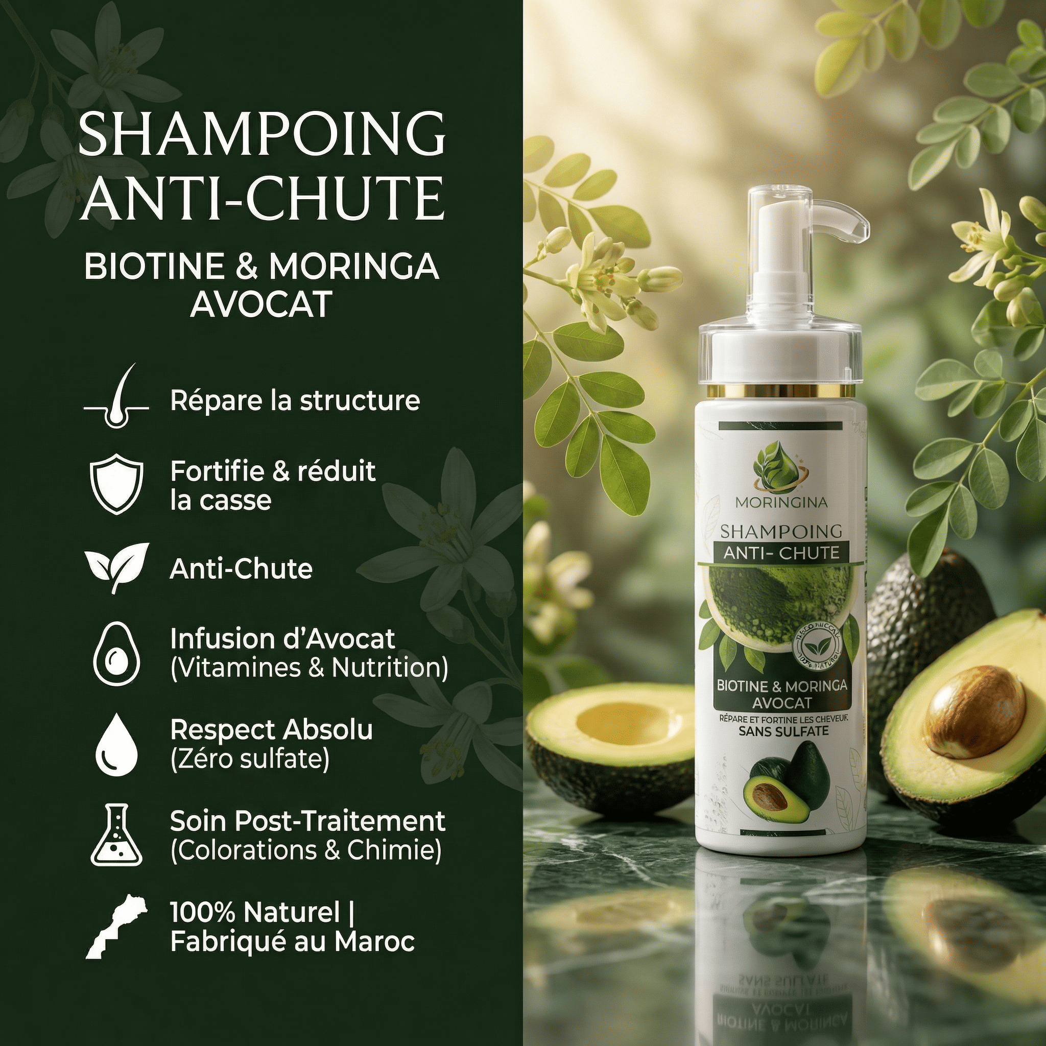 JODHUR Shampoing Anti-Chute Biotine & Moringa Avocat, soin naturel qui répare, fortifie et réduit la chute des cheveux.