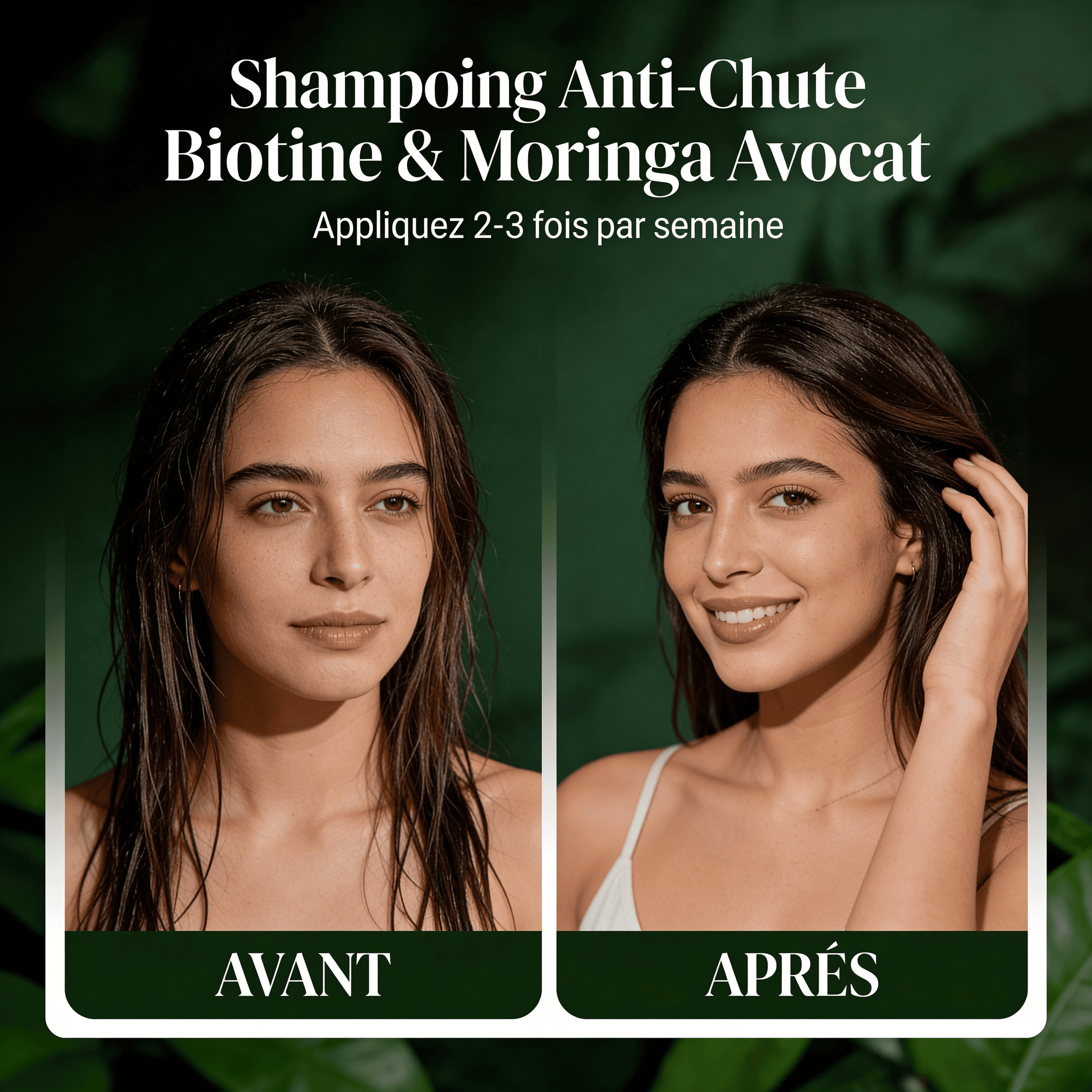 Comparaison avant après montrant l’effet du Shampoing Anti-Chute Biotine & Moringa Avocat de JODHUR pour cheveux plus forts et réparés.