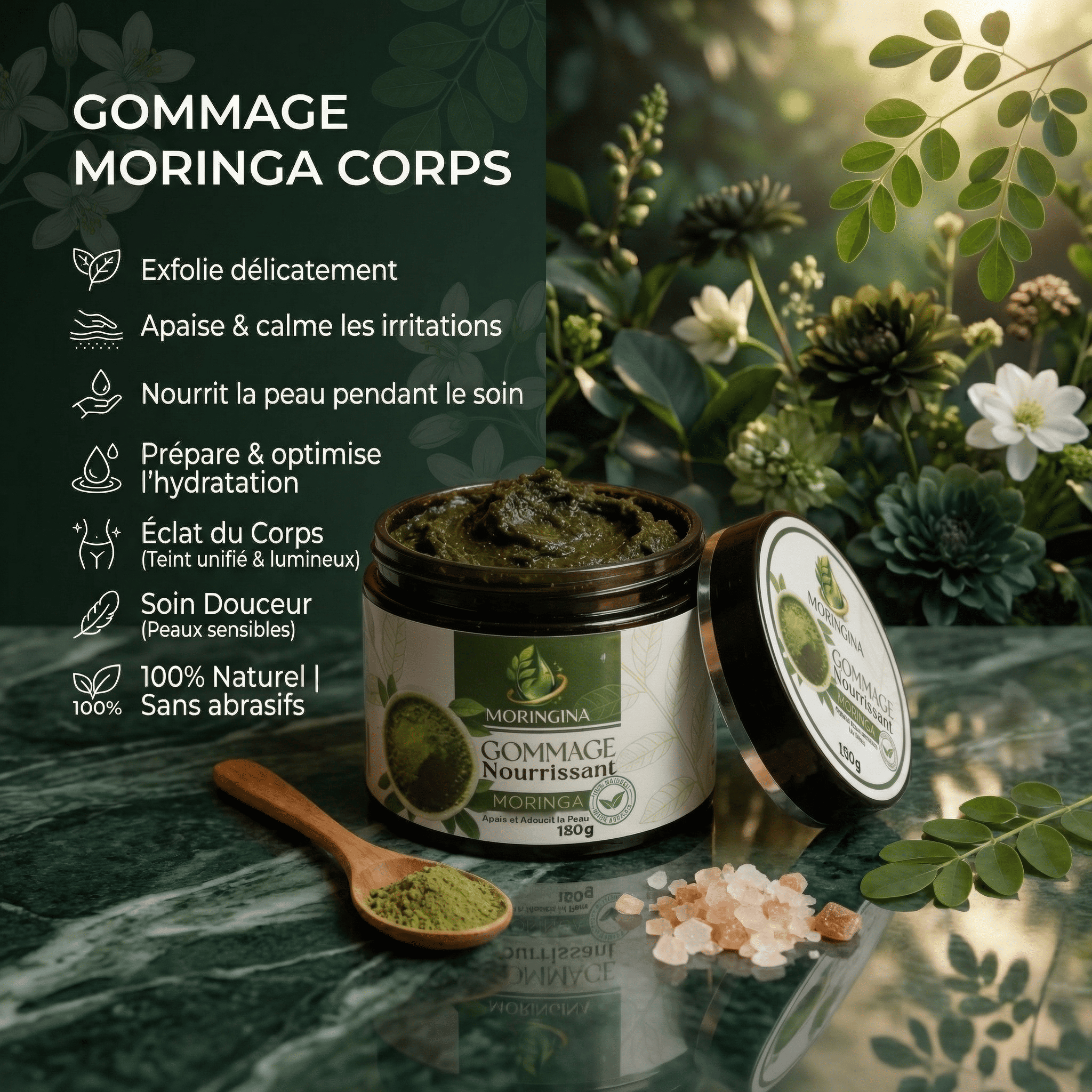 JODHUR Gommage Moringa Corps | Peau douce comme de la soie dès la douche, exfoliant naturel et nourrissant à l’huile d’argan.