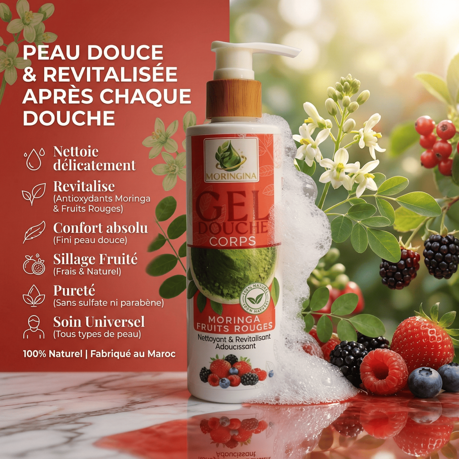 Gel Douche Corps Moringa Fruits Rouges JODHUR, cosmétique naturel marocain, moringa et fruits rouges pour peau douce et revitalisée.
