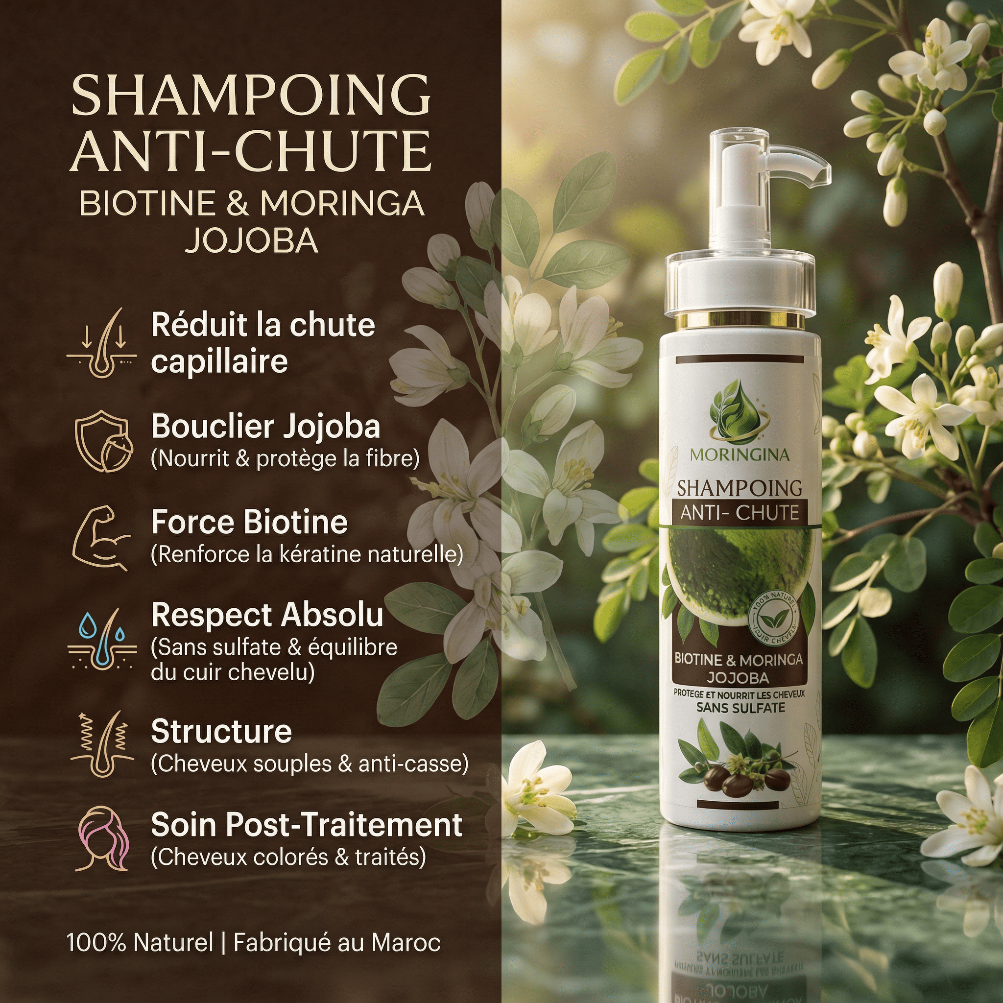 Shampoing Anti-Chute Biotine & Moringa Jojoba JODHUR, riche en moringa et biotine pour protéger et nourrir les cheveux naturellement.