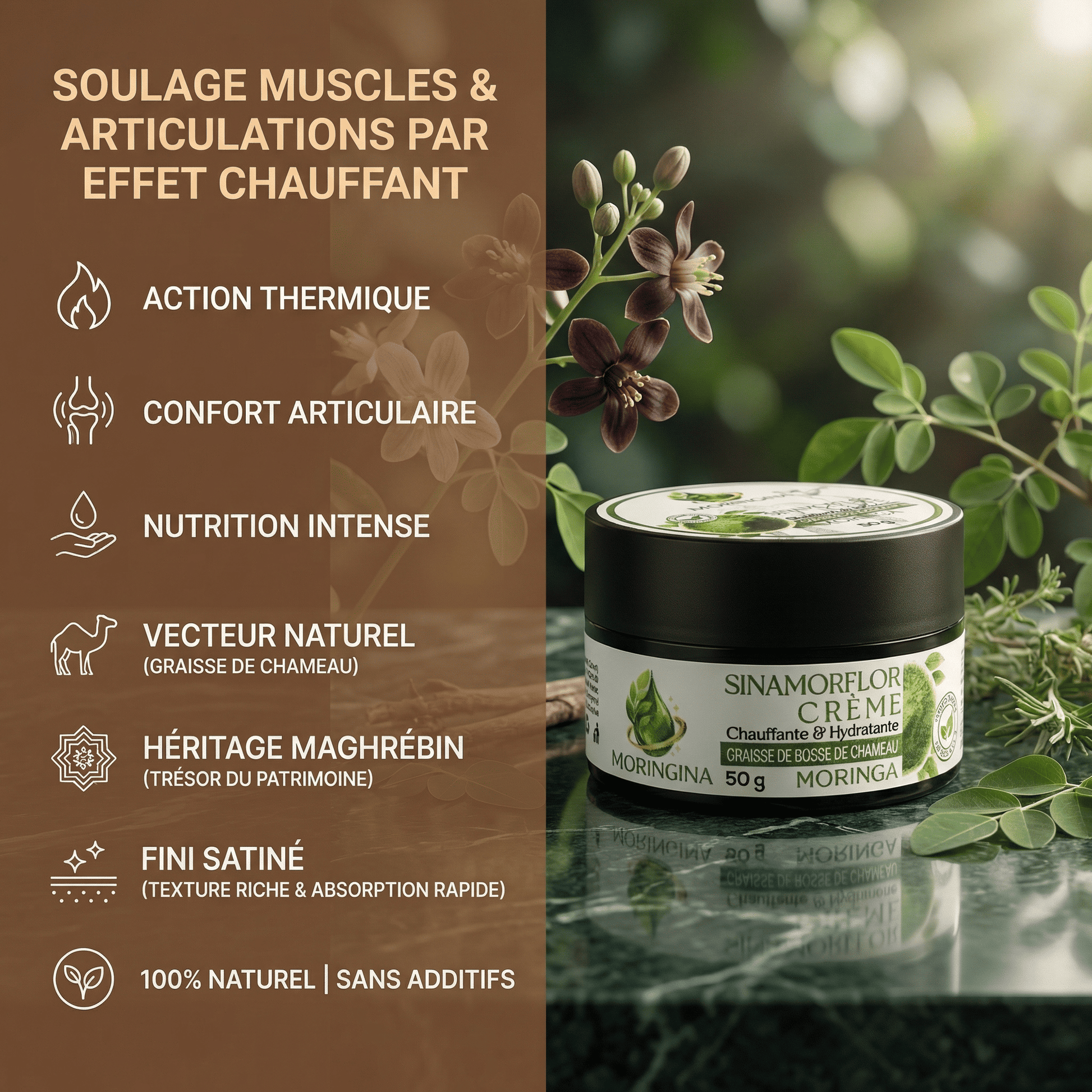 Crème Sinamorflor JODHUR, enrichie en moringa et graisse de chameau, soulage muscles et articulations par effet chauffant.