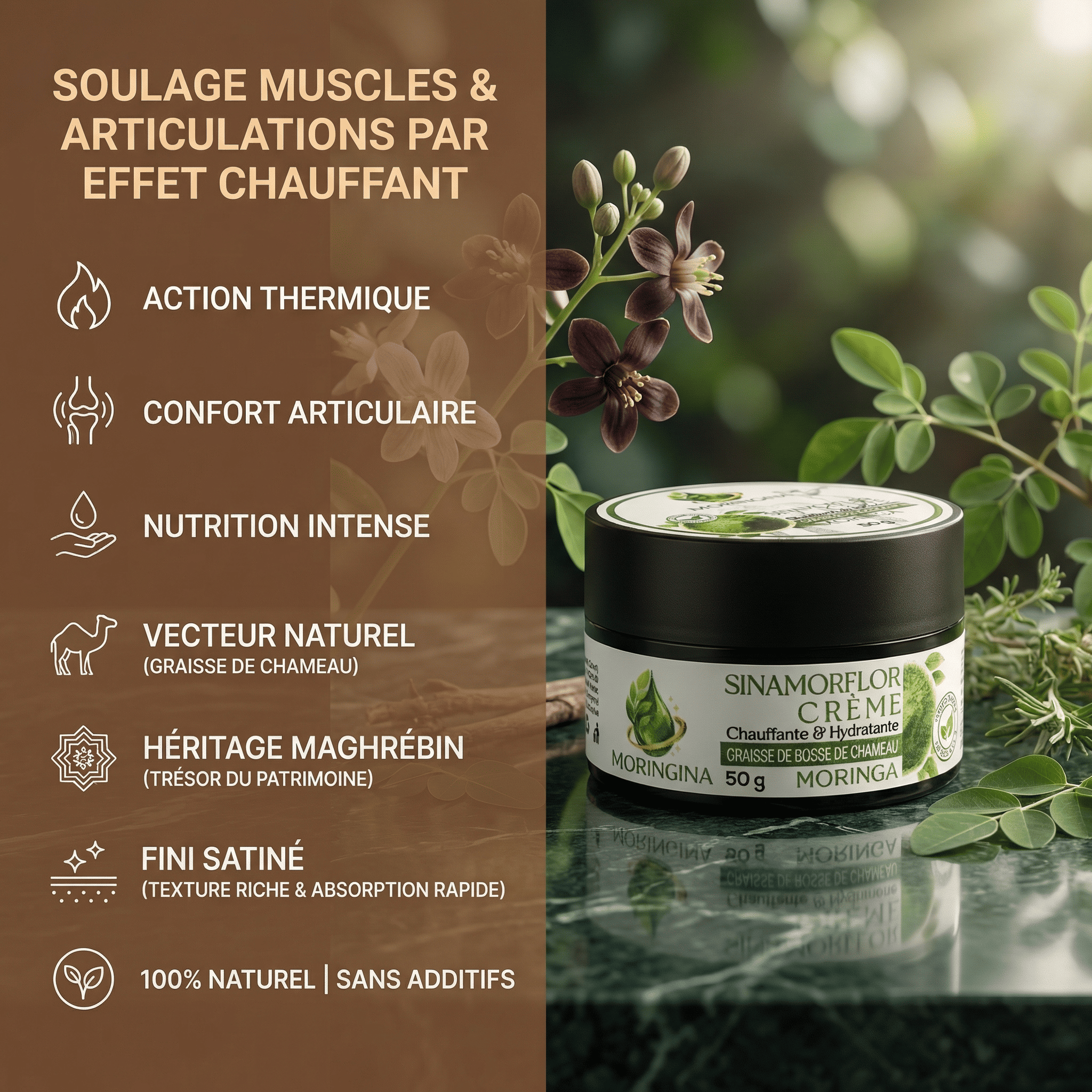 Crème Sinamorflor JODHUR, enrichie en moringa et graisse de chameau, soulage muscles et articulations par effet chauffant.