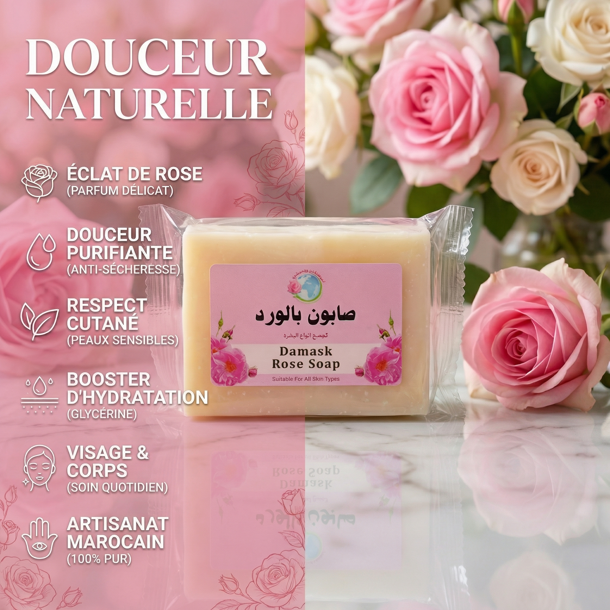 JODHUR Savon à la Rose de Damas – Douceur Quotidienne Tous Types de Peau au moringa et huile d’argan, hydratant et purifiant naturel.