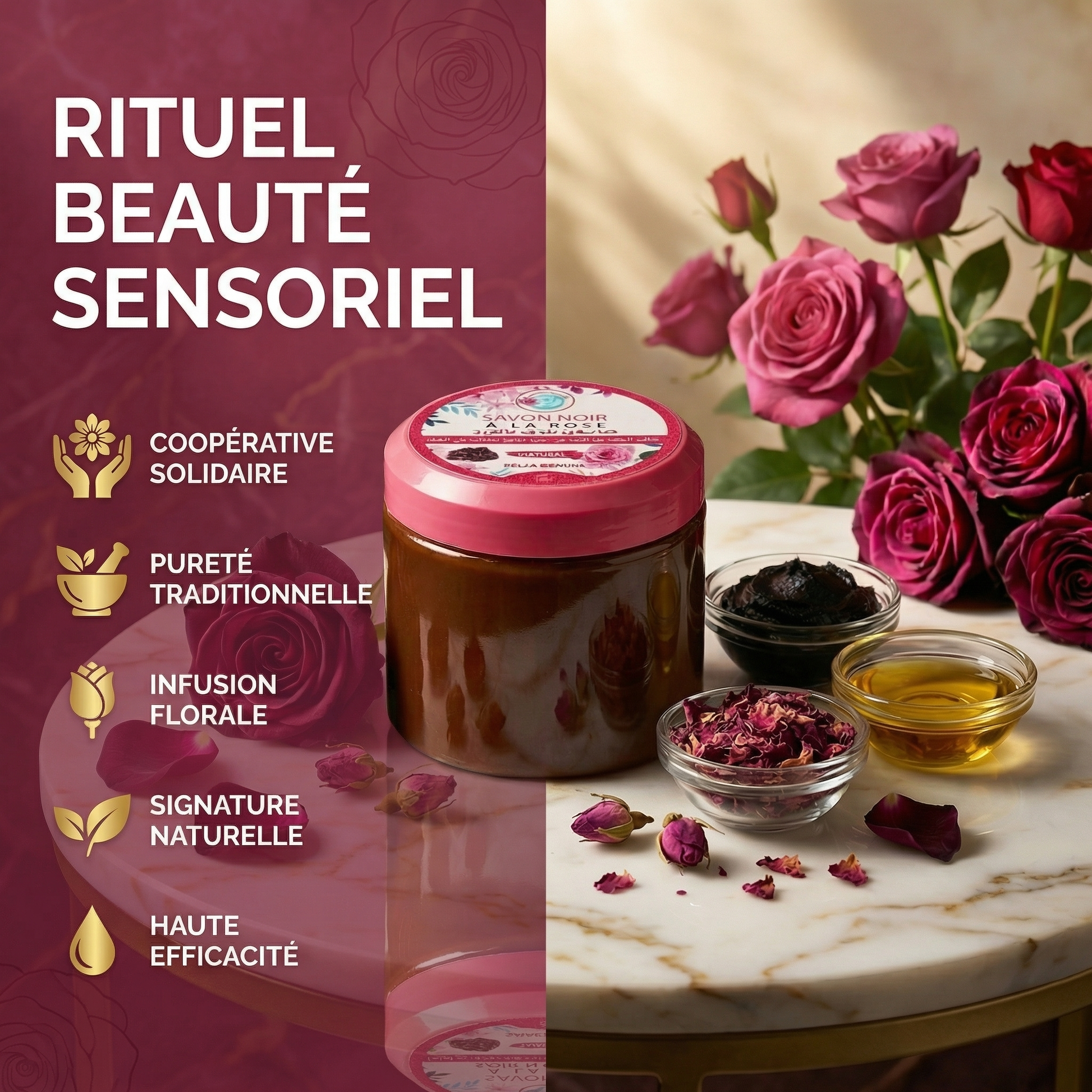 Savon Noir de Rose Damask JODHUR au moringa et huile d’argan, adoucit, illumine et ralentit le vieillissement naturellement.