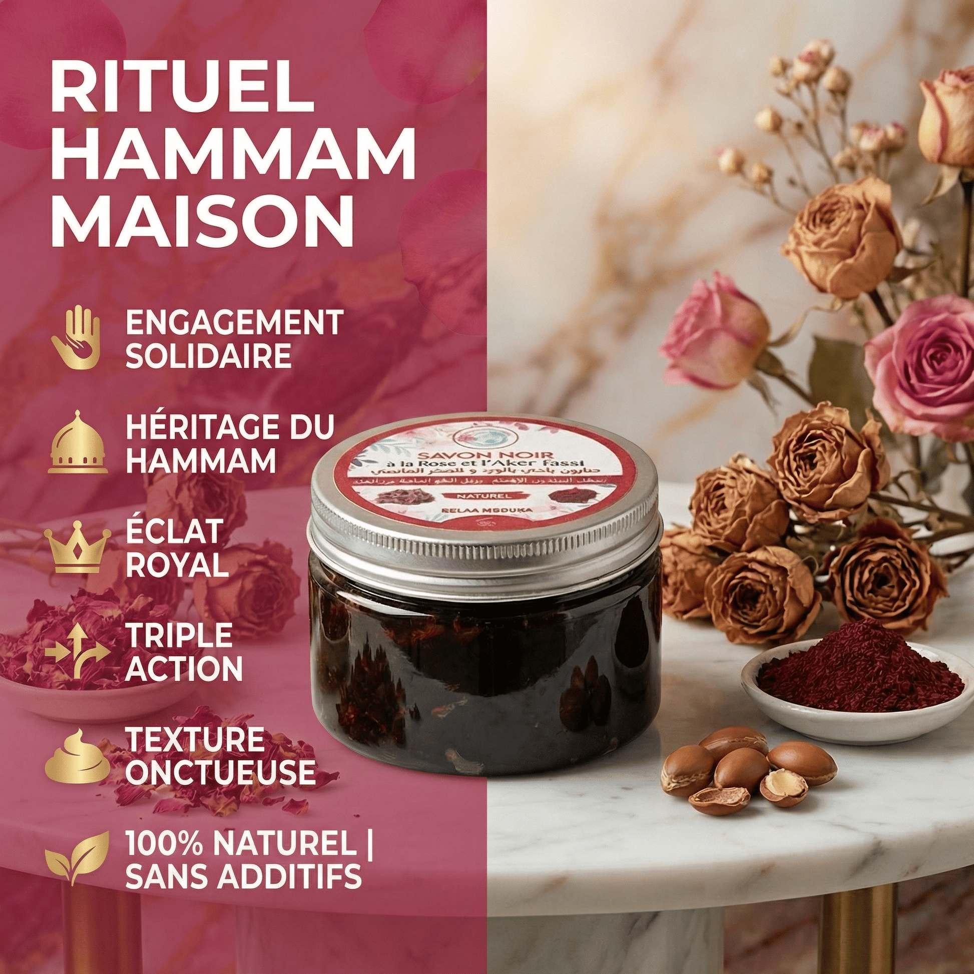 Savon Noir Beldi à la Rose & l'Aker Fassi – Douceur Hammam by JODHUR, purifiant au moringa et huile d’argan, éclat royal naturel.