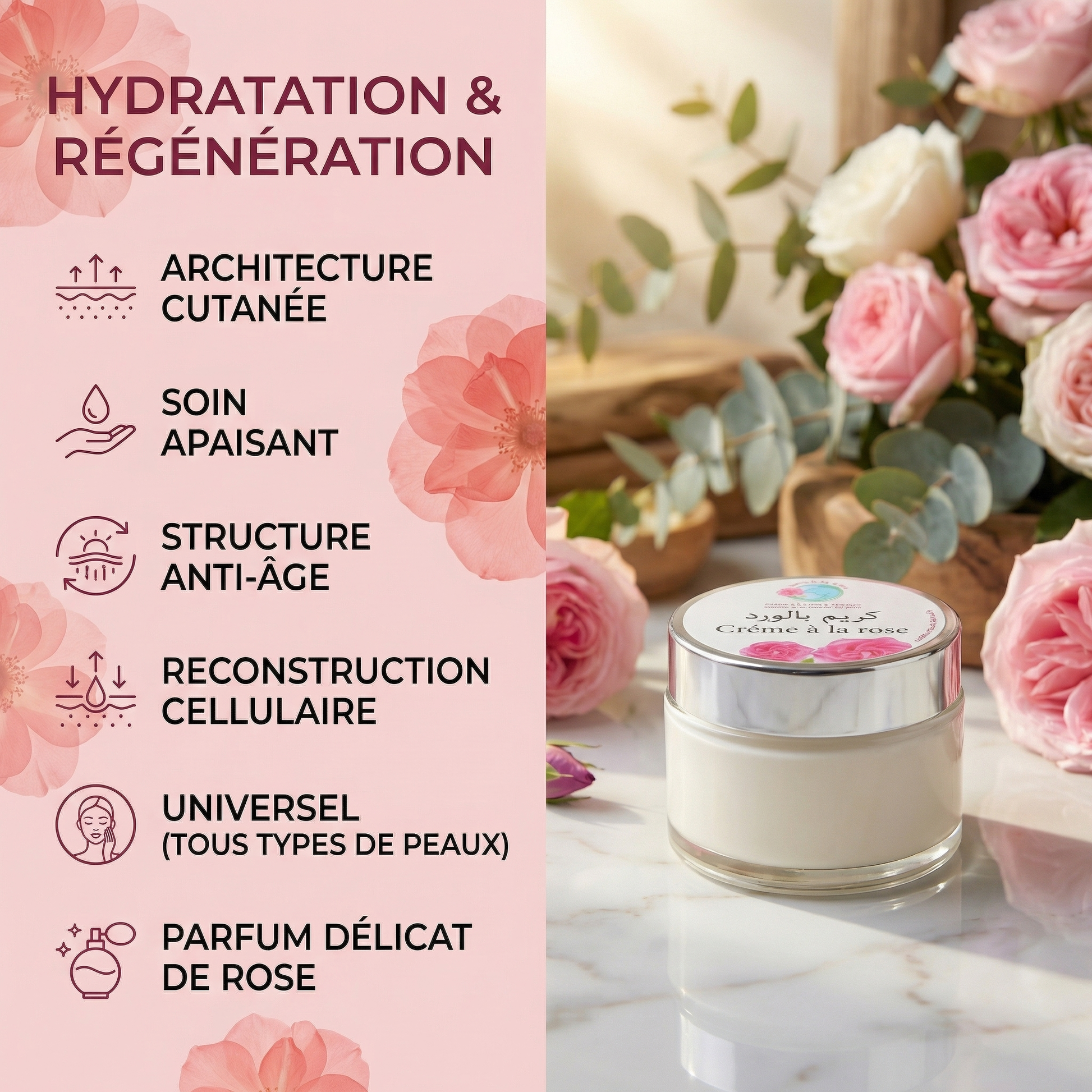 Crème à la Rose – Hydratation & Régénération Quotidienne JODHUR avec huile d’argan bio, hydratante et anti-âge pour tous types de peau.