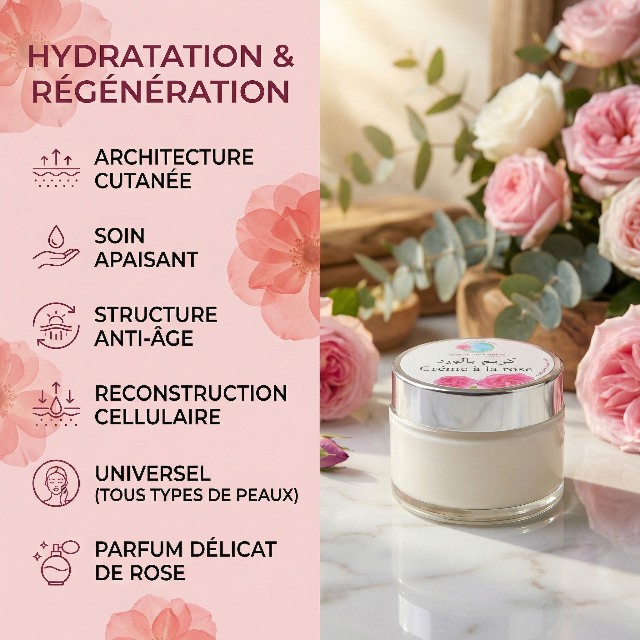 Crème à la Rose – Hydratation & Régénération Quotidienne JODHUR avec huile d’argan bio, hydratante et anti-âge pour tous types de peau.