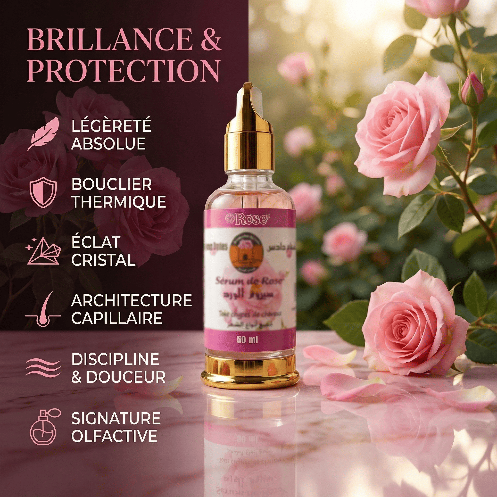Sérum Capillaire à la Rose – Brillance & Protection de JODHUR avec huile d’argan bio et infusion moringa pour cheveux nourris et protégés.