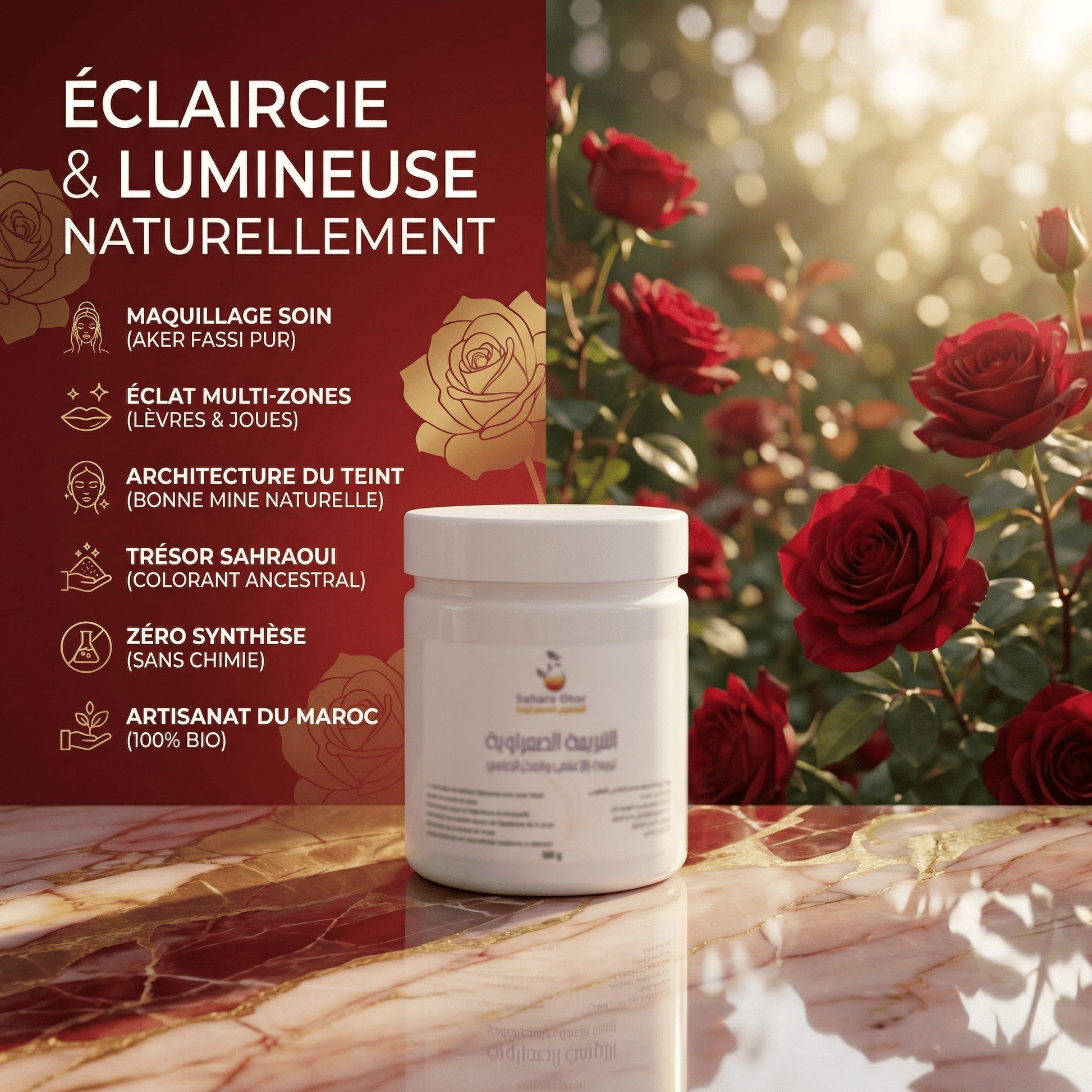 JODHUR Tabrima Herbes et Aker Fassi · Peau Douce, Éclaircie & Lumineuse Naturellement avec huile d’argan bio et infusion moringa.