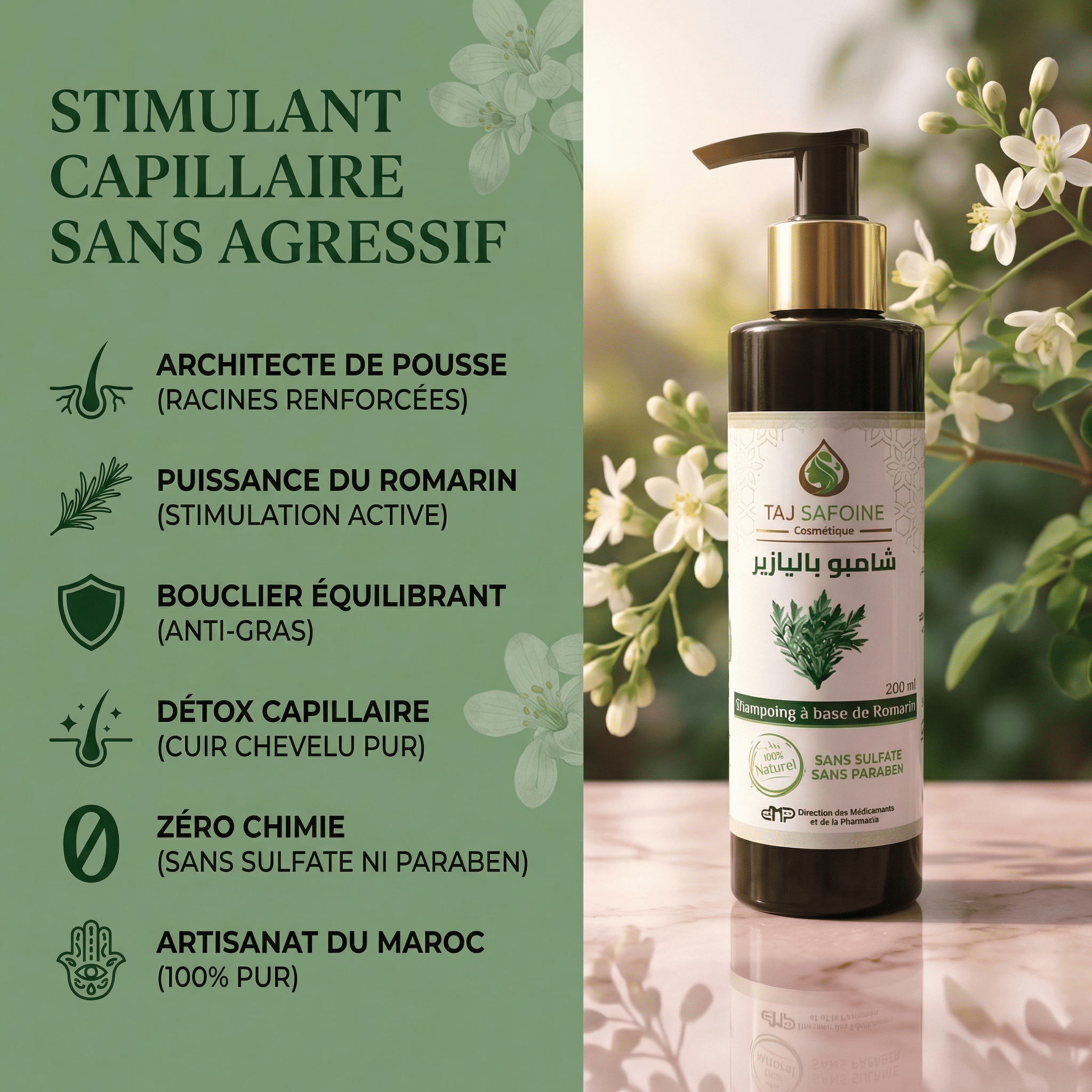 Shampooing au Romarin – Sans Sulfate Sans Paraben JODHUR, infusion de romarin, soin naturel purifiant et stimulant pour cheveux.