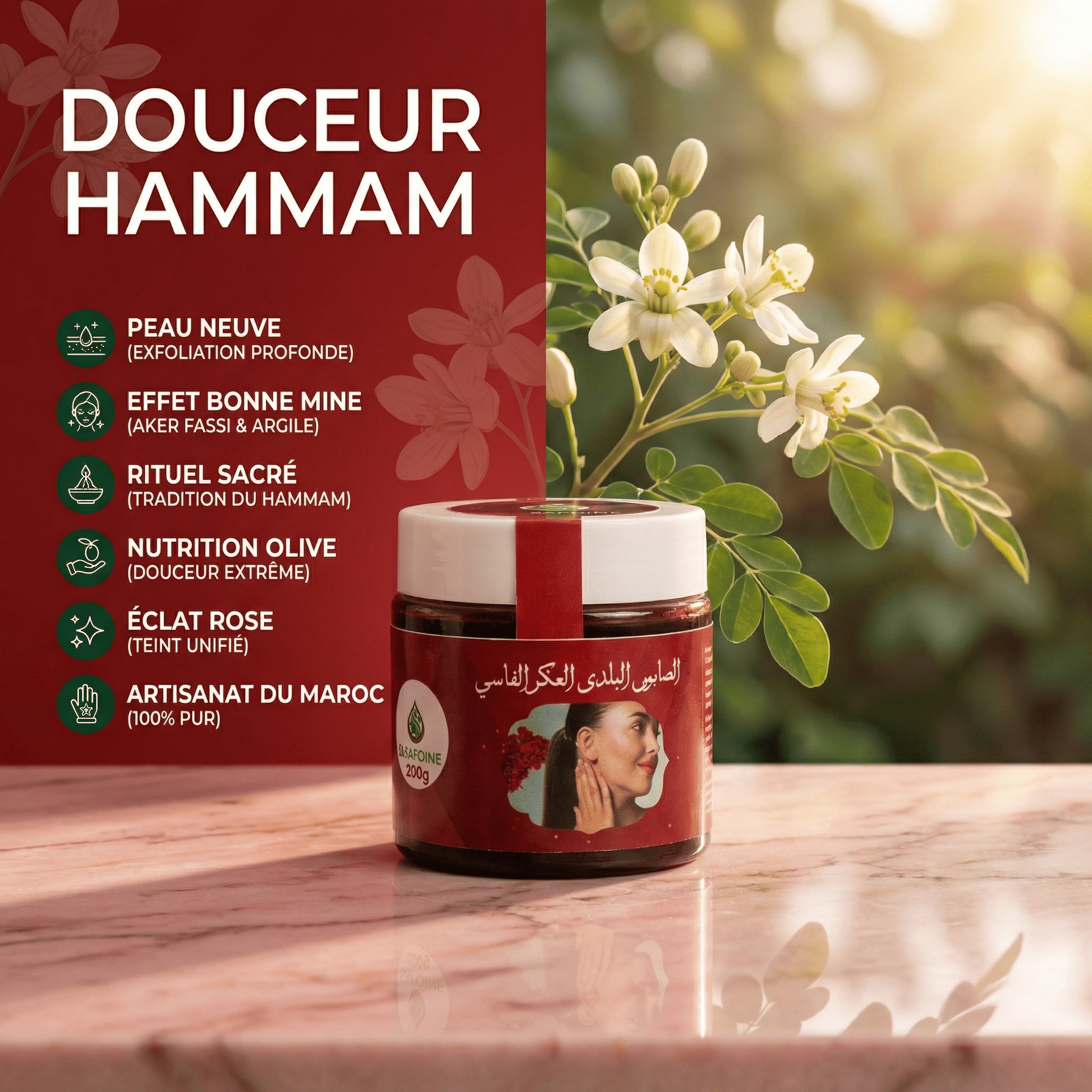 Savon Noir Beldi à laaker Fassi – Douceur Hammam JODHUR au moringa et argile, purifiant et nourrissant pour peau neuve.