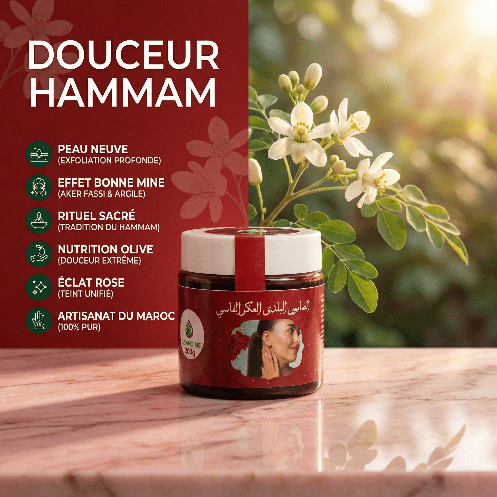 Savon Noir Beldi à laaker Fassi – Douceur Hammam JODHUR au moringa et argile, purifiant et nourrissant pour peau neuve.