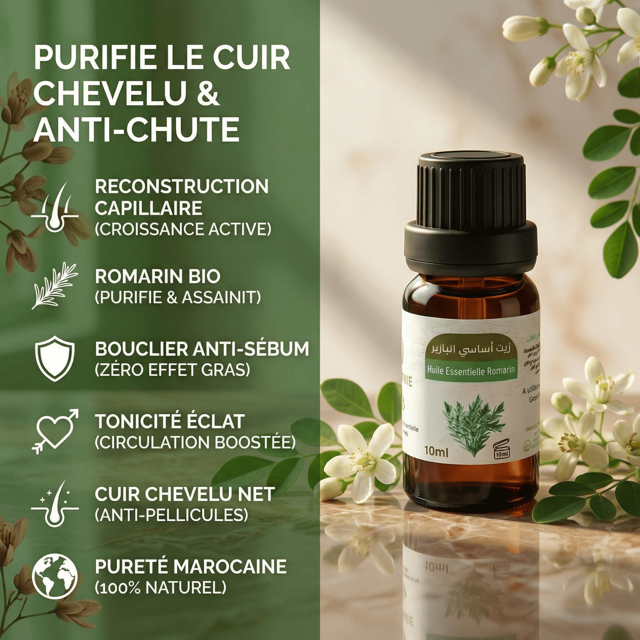 Huile de Romarin | Purifie le cuir chevelu avec JODHUR, enrichie en romarin bio pour limiter la chute et purifier naturellement.