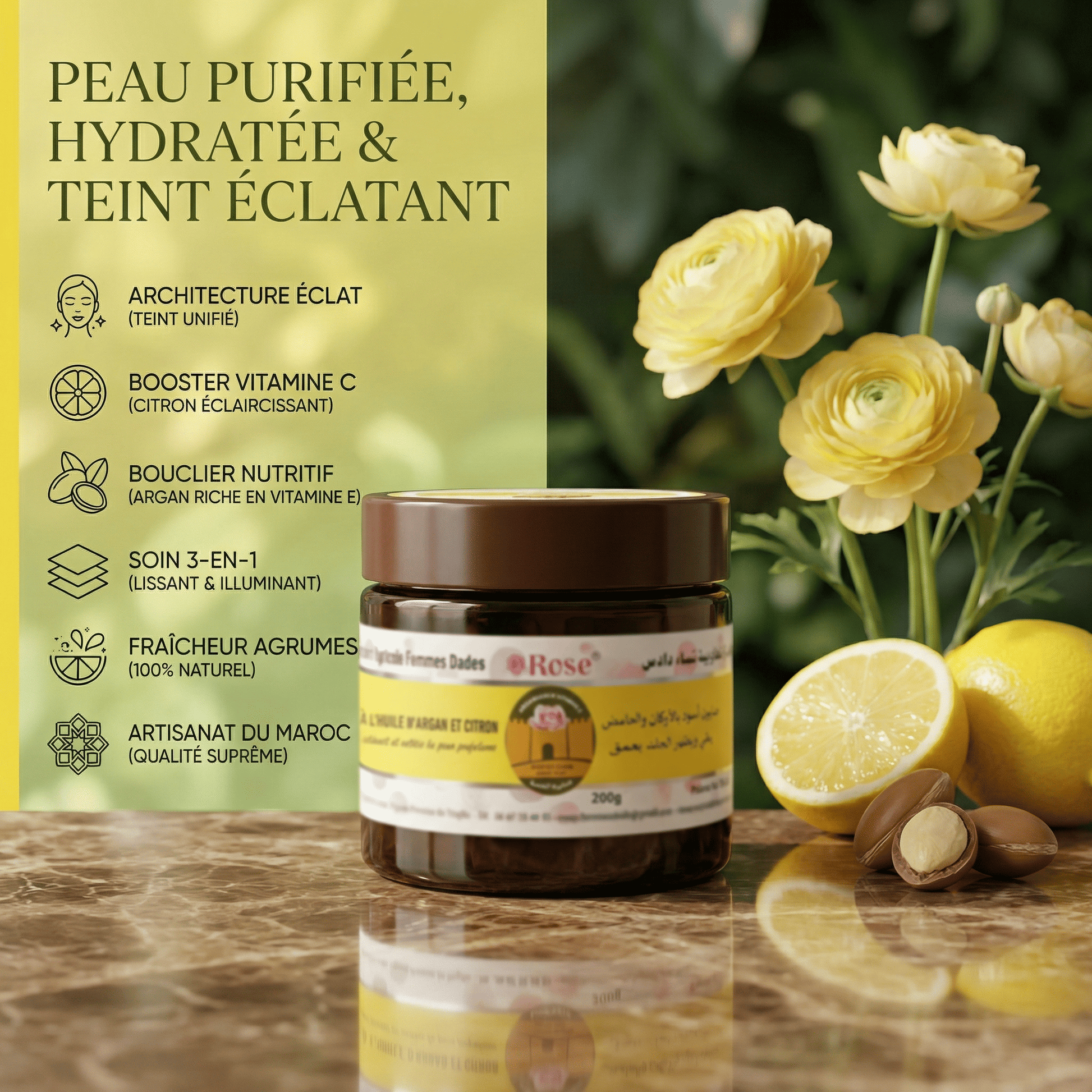 JODHUR Savon Noir à l'Argan et Citron· purifie et hydrate la peau grâce à l’huile d’argan et vitamine C naturelle.