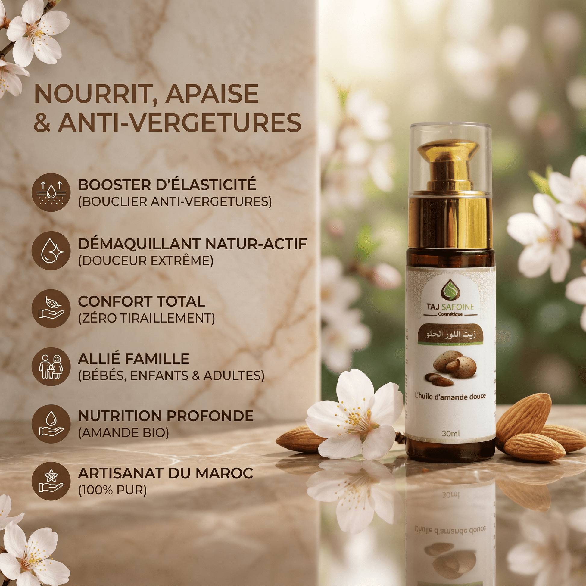 Huile d'Amande Douce Pure – Nourrit, Apaise & Prévient les Vergetures de JODHUR avec huile d’argan bio, soin nourrissant et apaisant.