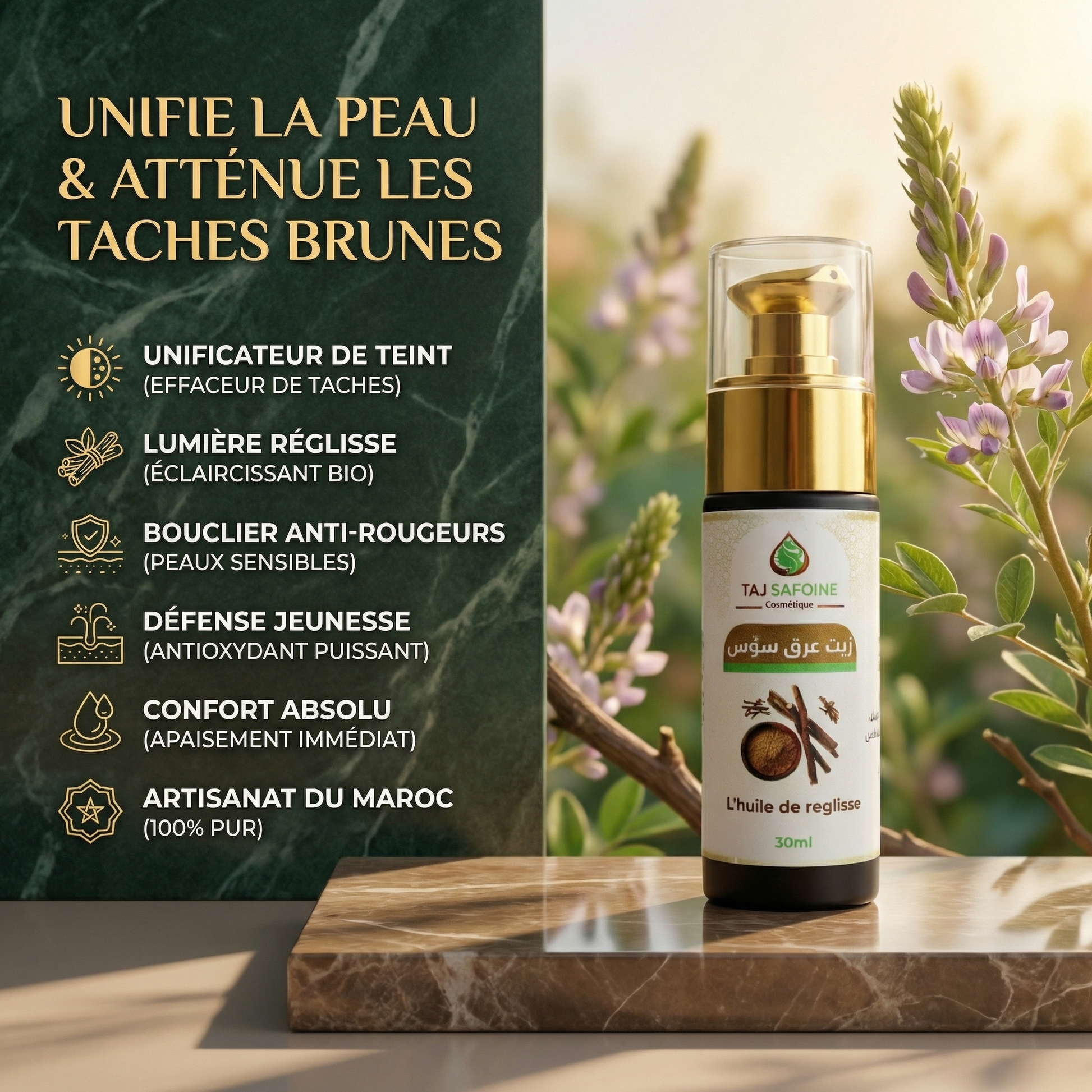 Huile de Réglisse – Unifie la Peau et Atténue les Taches Brunes JODHUR, avec moringa et huile d’argan, éclaircissante et apaisante.