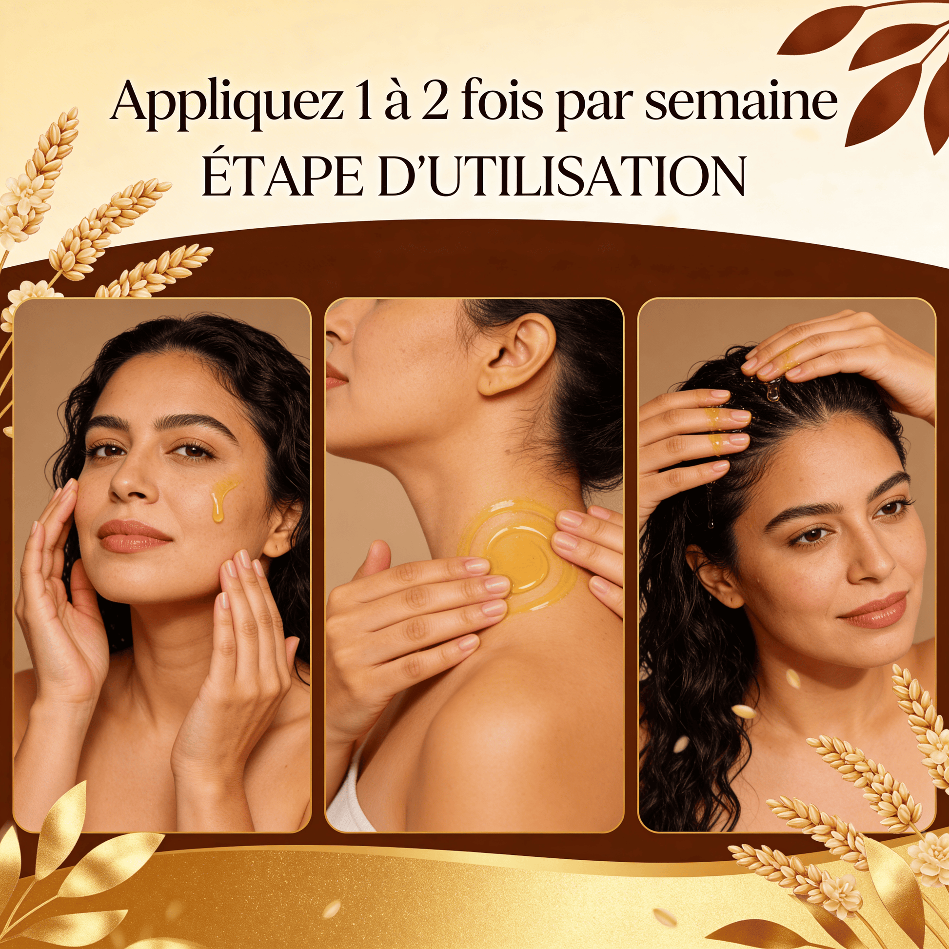 Femme appliquant Huile de Sésame Pure JODHUR enrichie en moringa pour nourrir, assouplir et protéger la peau du vieillissement.