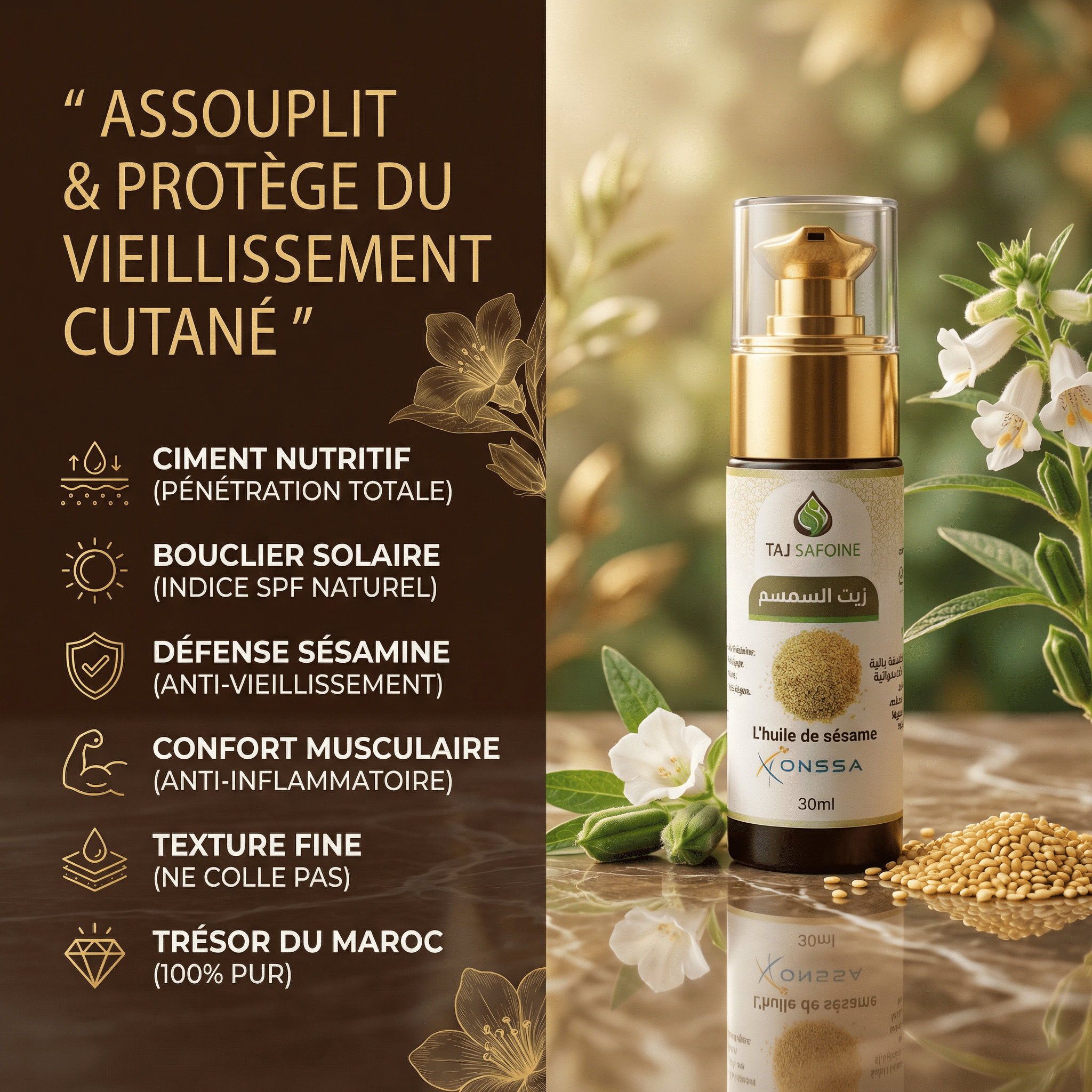 JODHUR présente Huile de Sésame Pure – Nourrit en Profondeur avec moringa, assouplit et protège du vieillissement cutané.