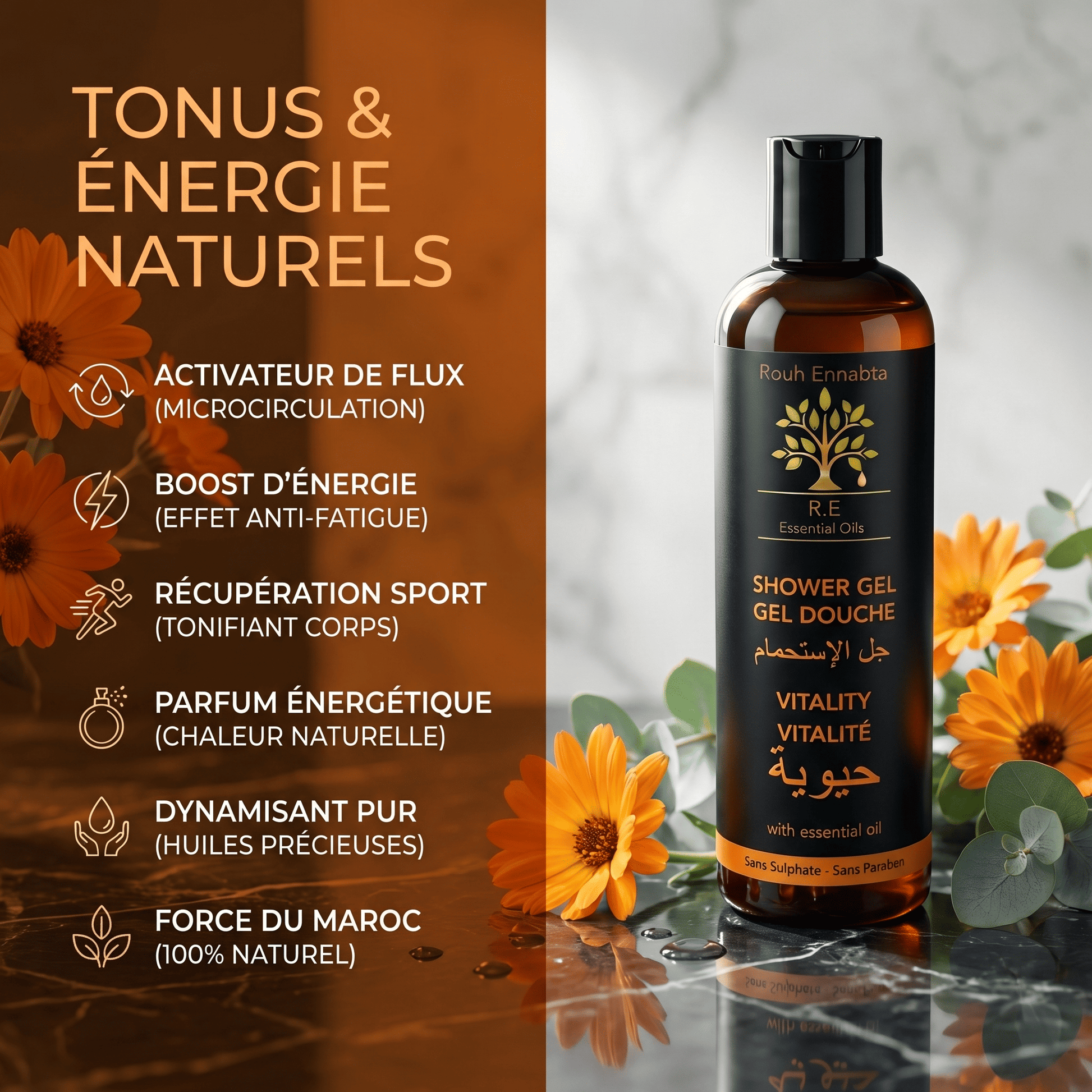Gel Douche aux Huiles Essentielles Vitalité JODHUR, enrichi en moringa et huile d’argan pour une peau tonifiée et énergisée naturellement.