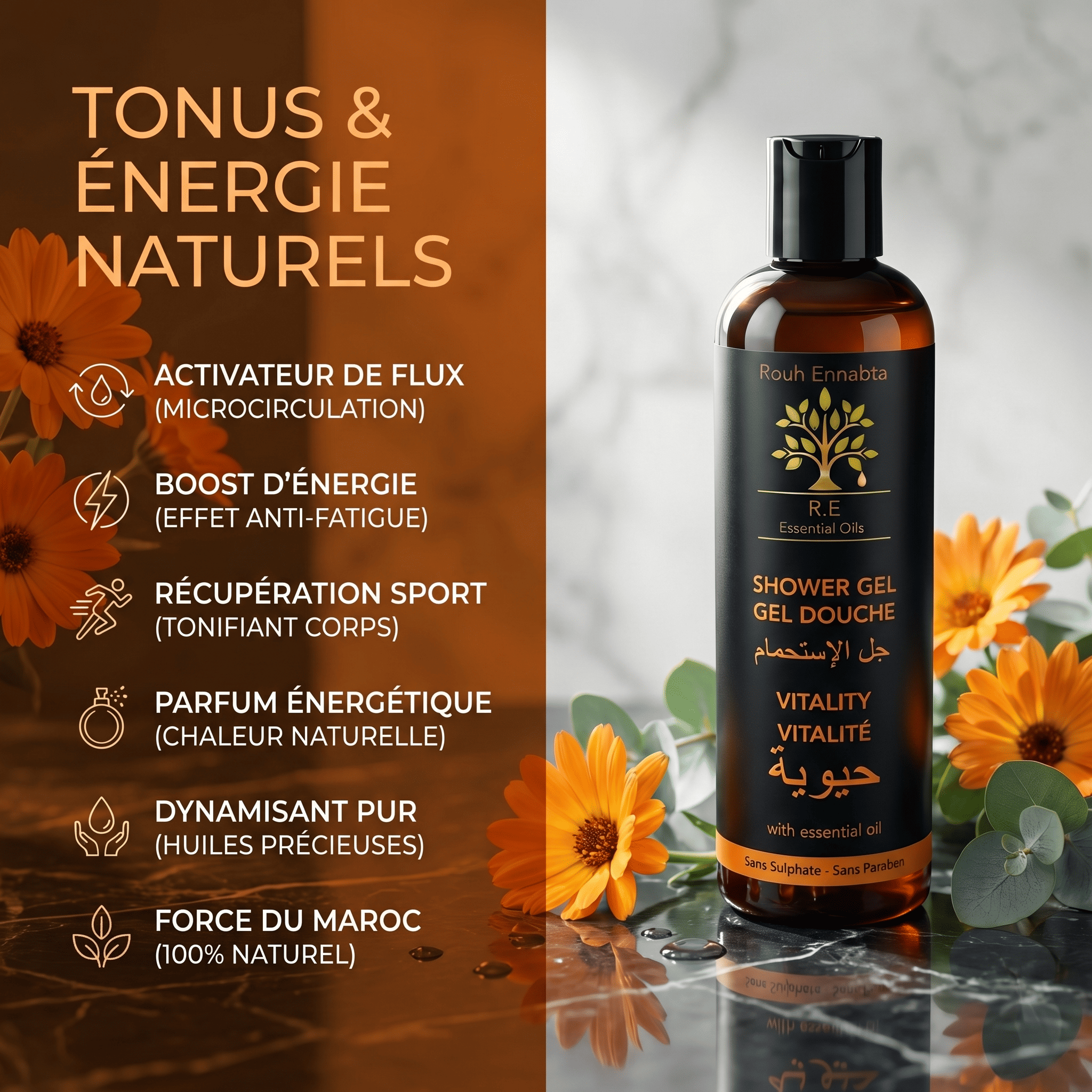 Gel Douche aux Huiles Essentielles Vitalité JODHUR, enrichi en moringa et huile d’argan pour une peau tonifiée et énergisée naturellement.