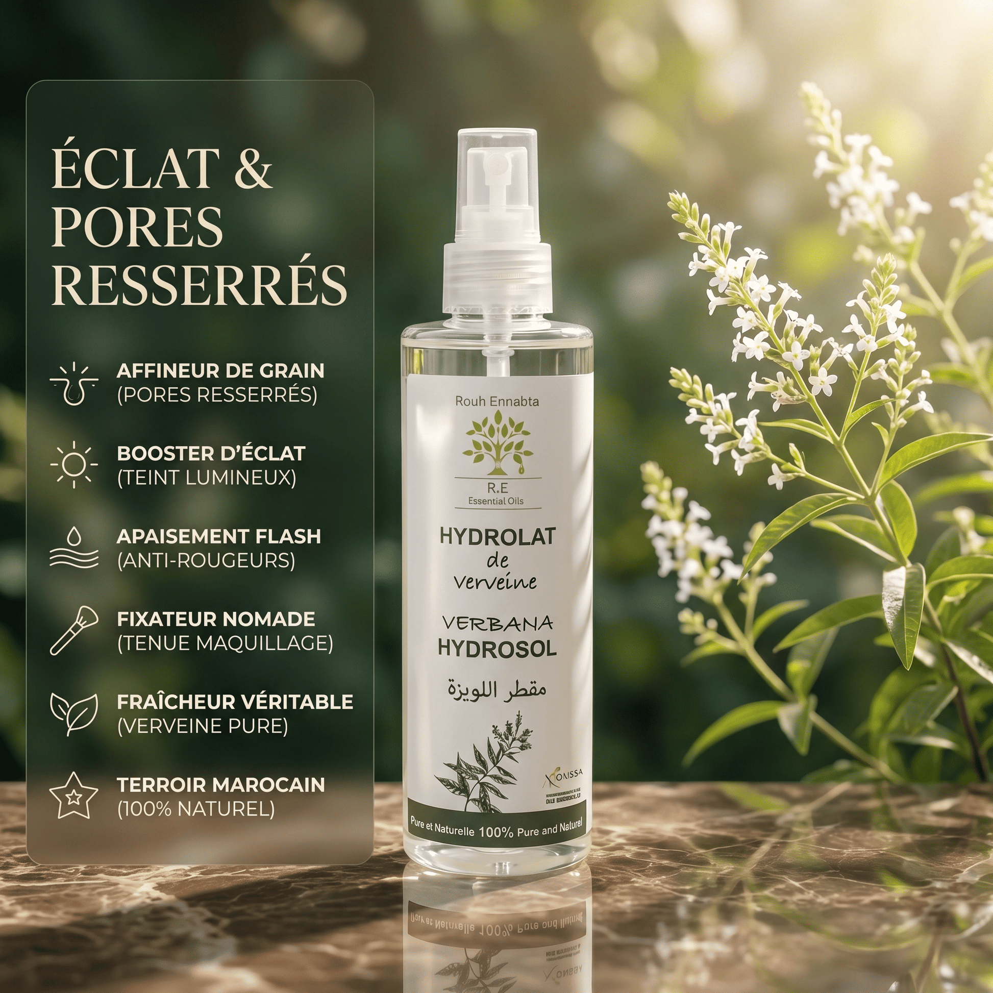 JODHUR Eau Florale de Verveine Bio – Éclat & Pores Resserrés avec infusion de moringa pour un teint purifiant et lumineux.