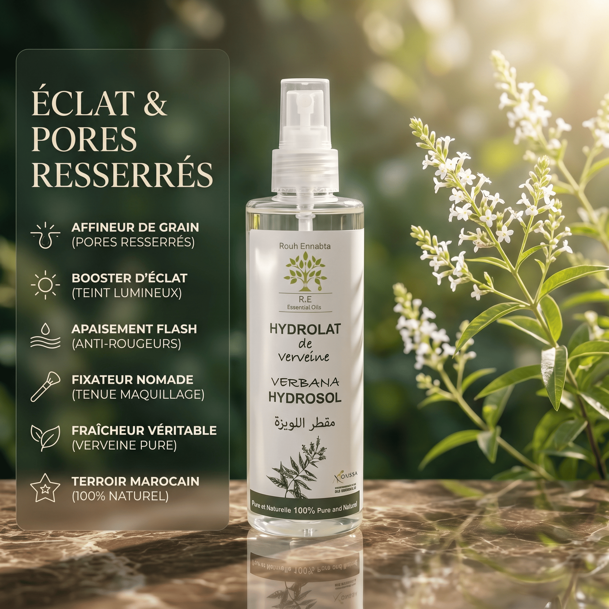 JODHUR Eau Florale de Verveine Bio – Éclat & Pores Resserrés avec infusion de moringa pour un teint purifiant et lumineux.