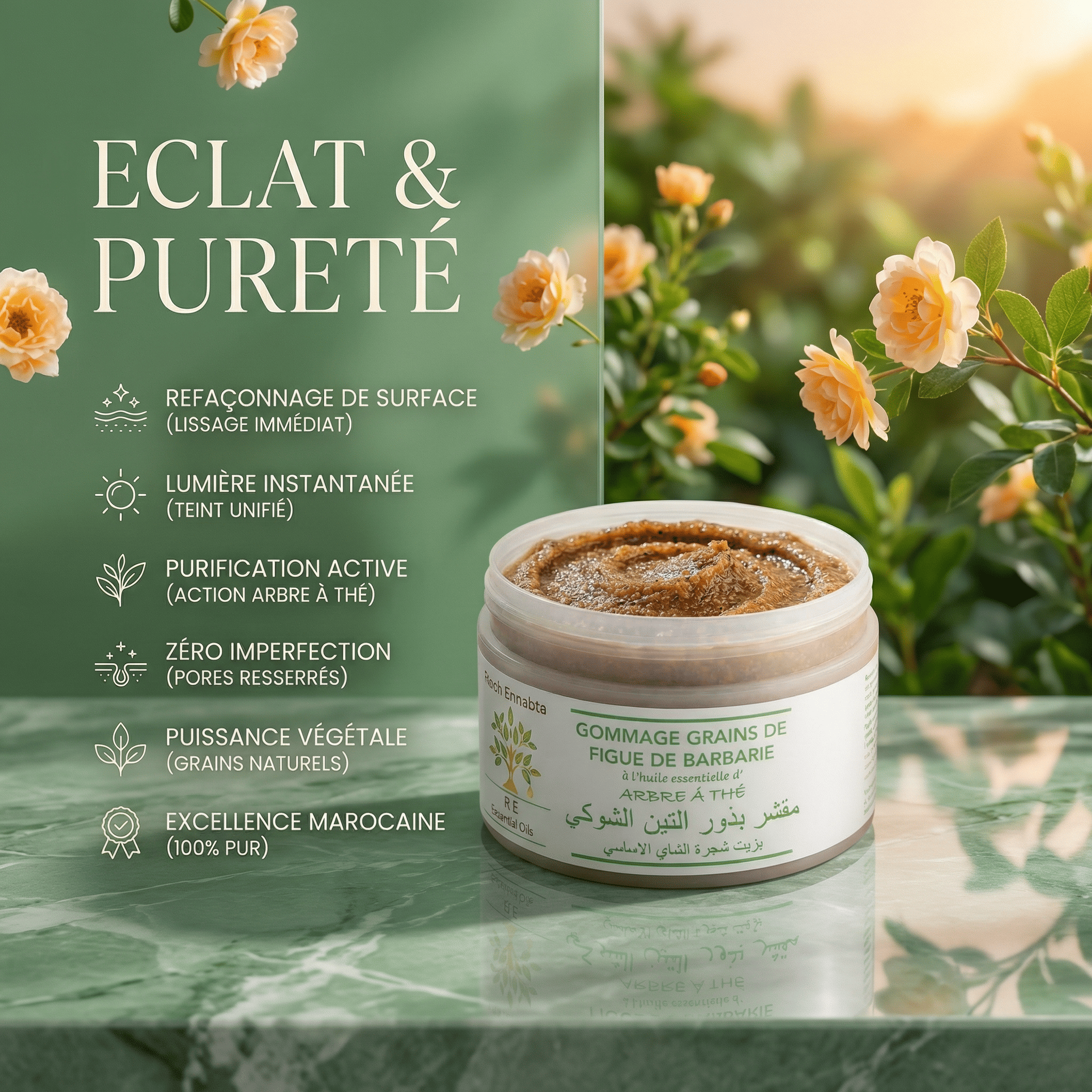 JODHUR Gommage Grains de Figue de Barbarie à Huile Essentielle Arbre de Thé, purifiant et riche en huile d’argan bio pour éclat naturel.