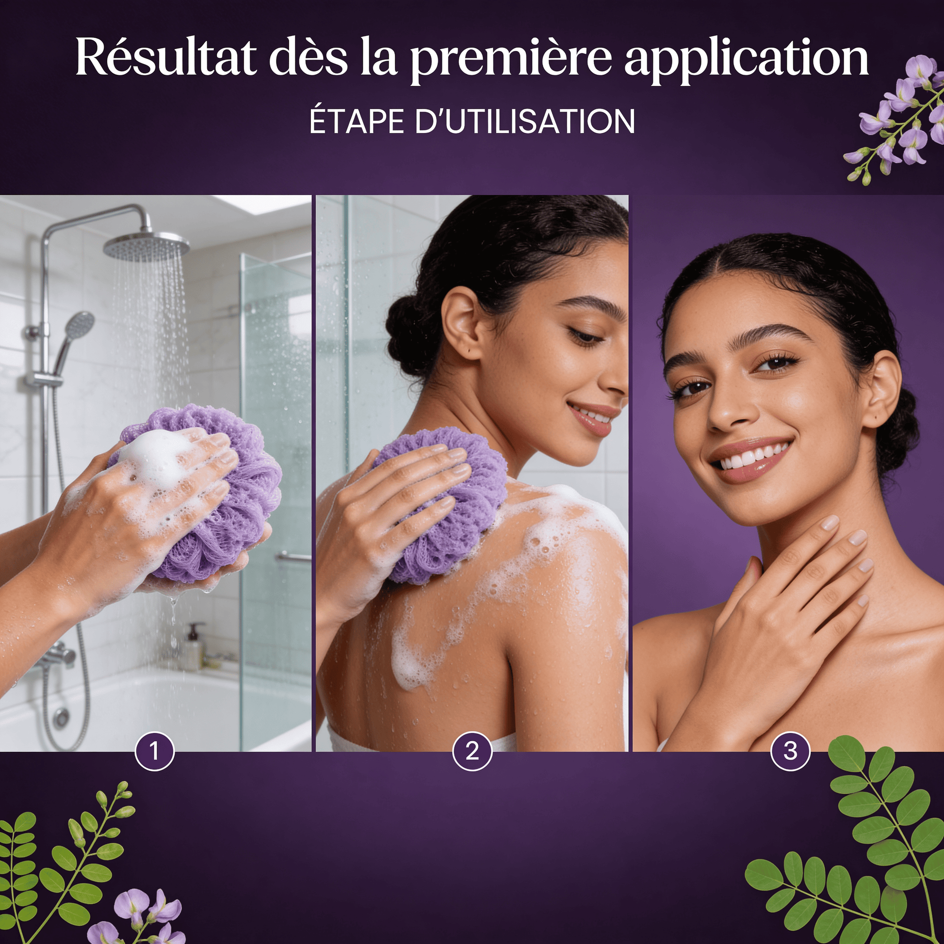 Femme appliquant Gel Douche aux Huiles Essentielles Relaxant JODHUR au moringa pour une peau nourrie et apaisée dès la première utilisation.