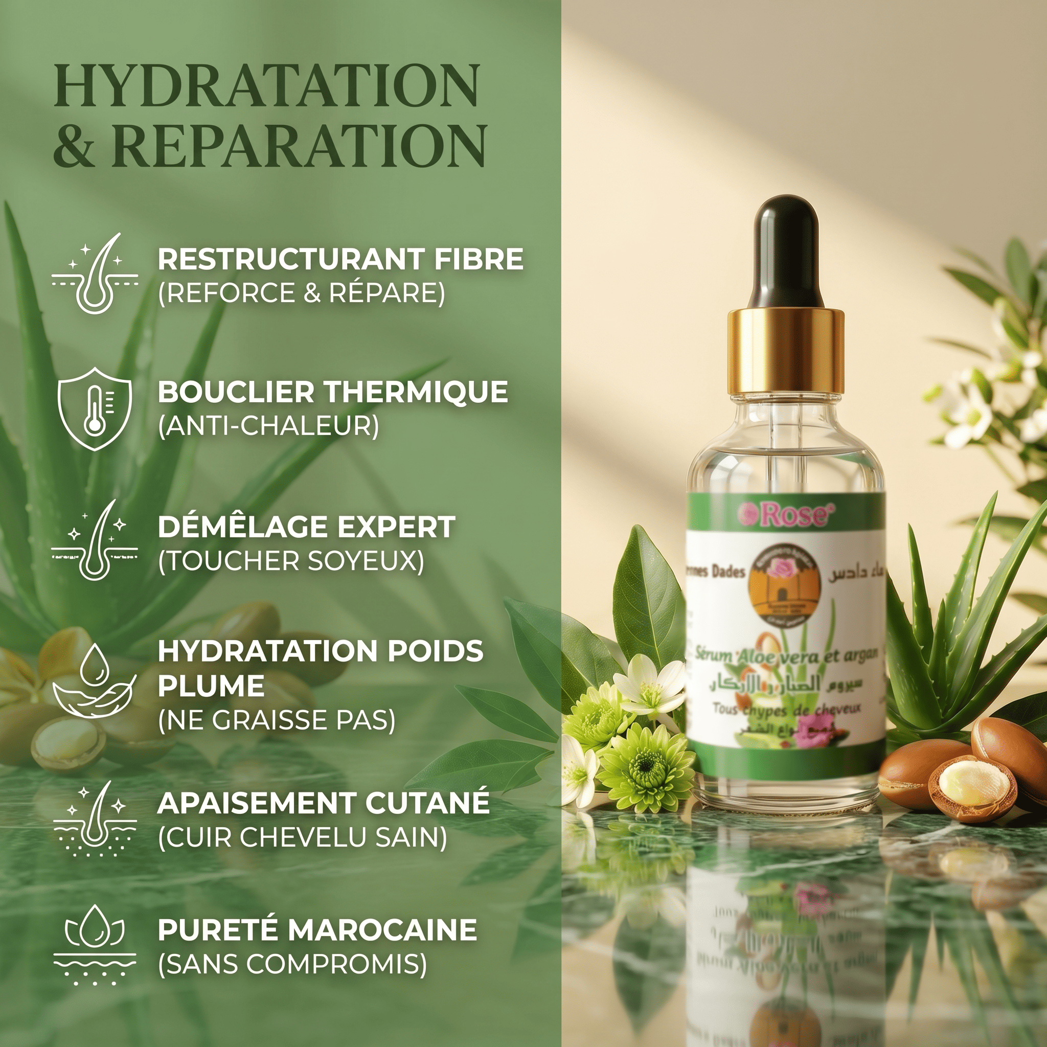 Sérum Aloe Vera & Argan | Hydratation & Reparation – Tous Types de Cheveux
