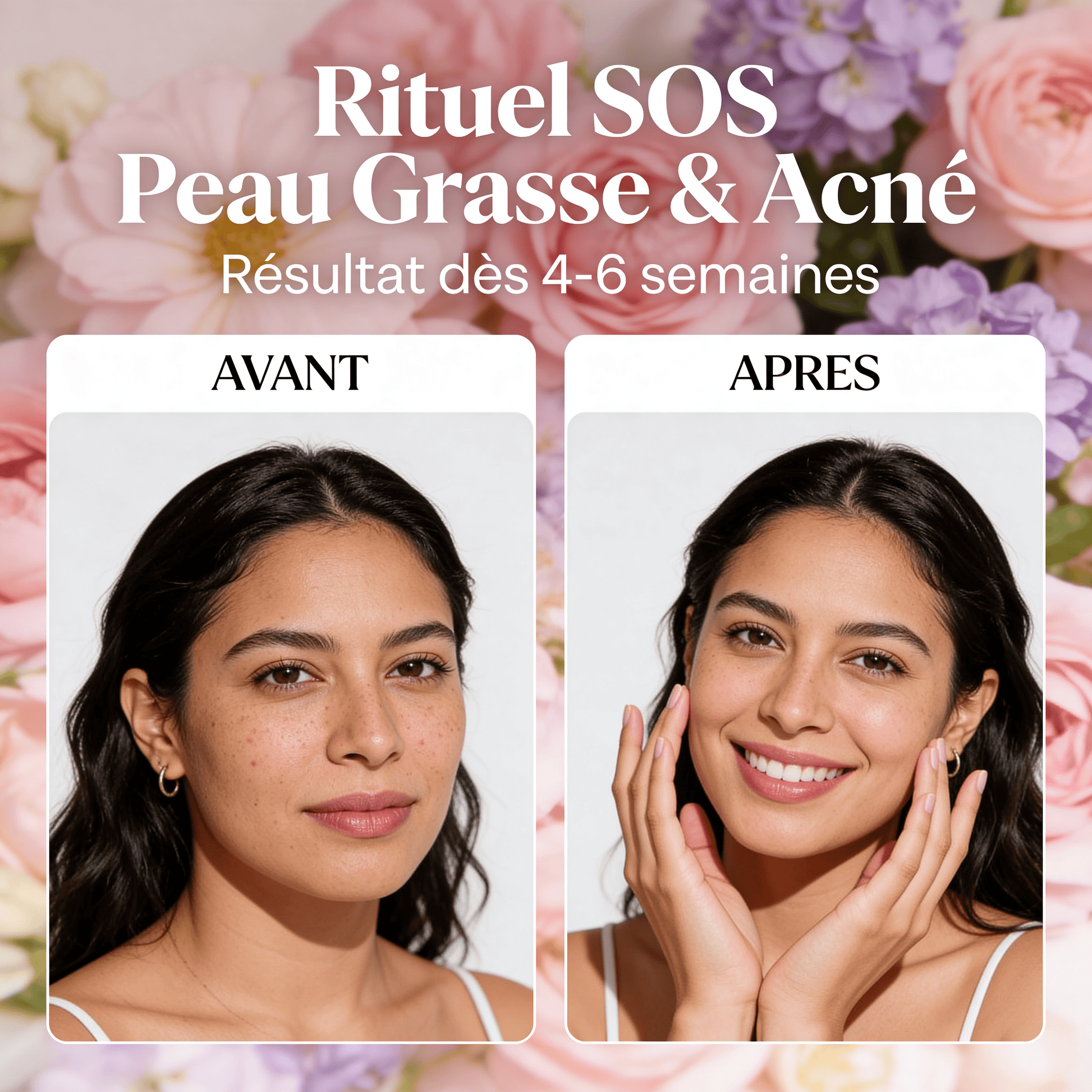 Rituel SOS Peau Grasse & Acné – Résultat avant/après en 4-6 semaines : teint éclatant et imperfections atténuées