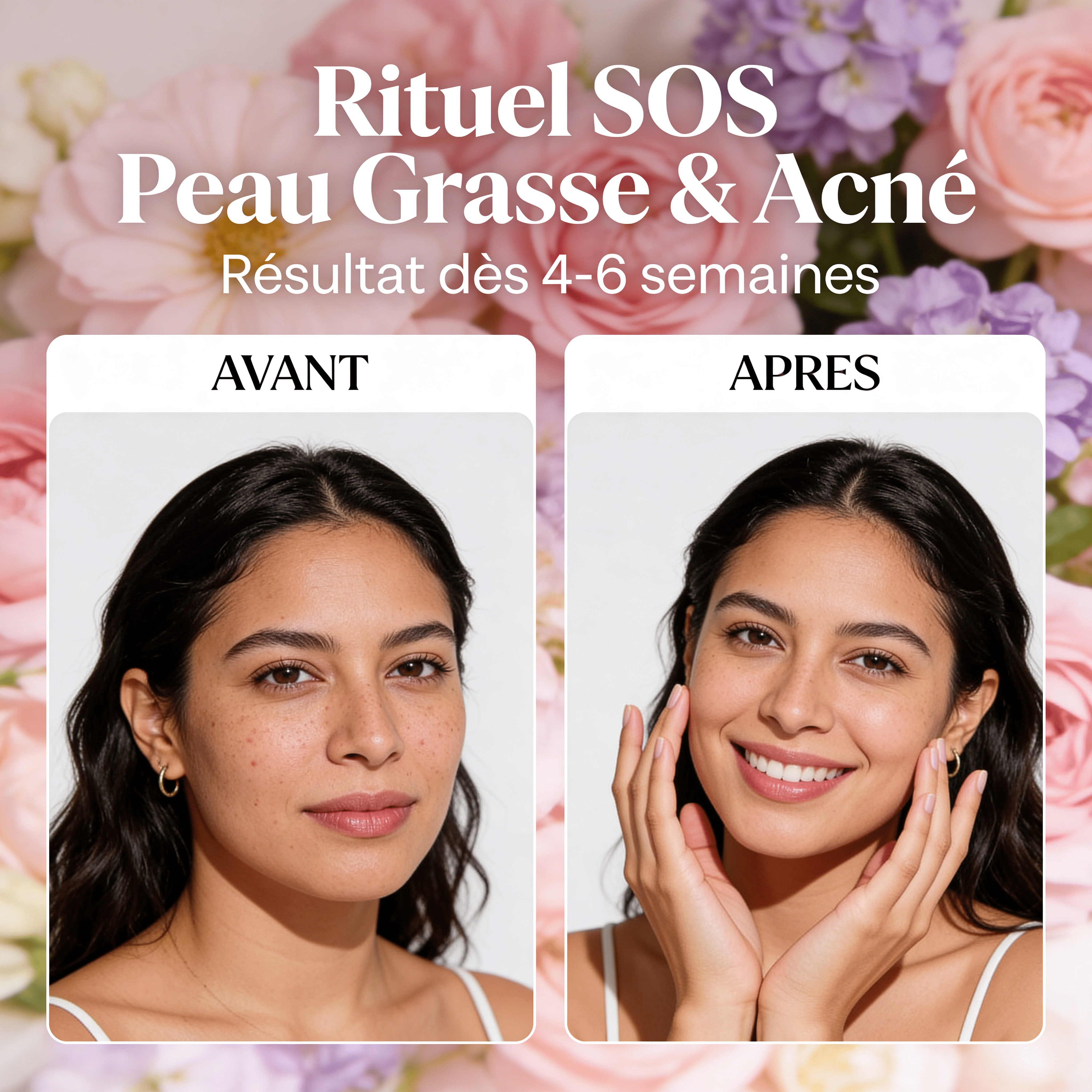 Rituel SOS Peau Grasse & Acné – Résultat avant/après en 4-6 semaines : teint éclatant et imperfections atténuées