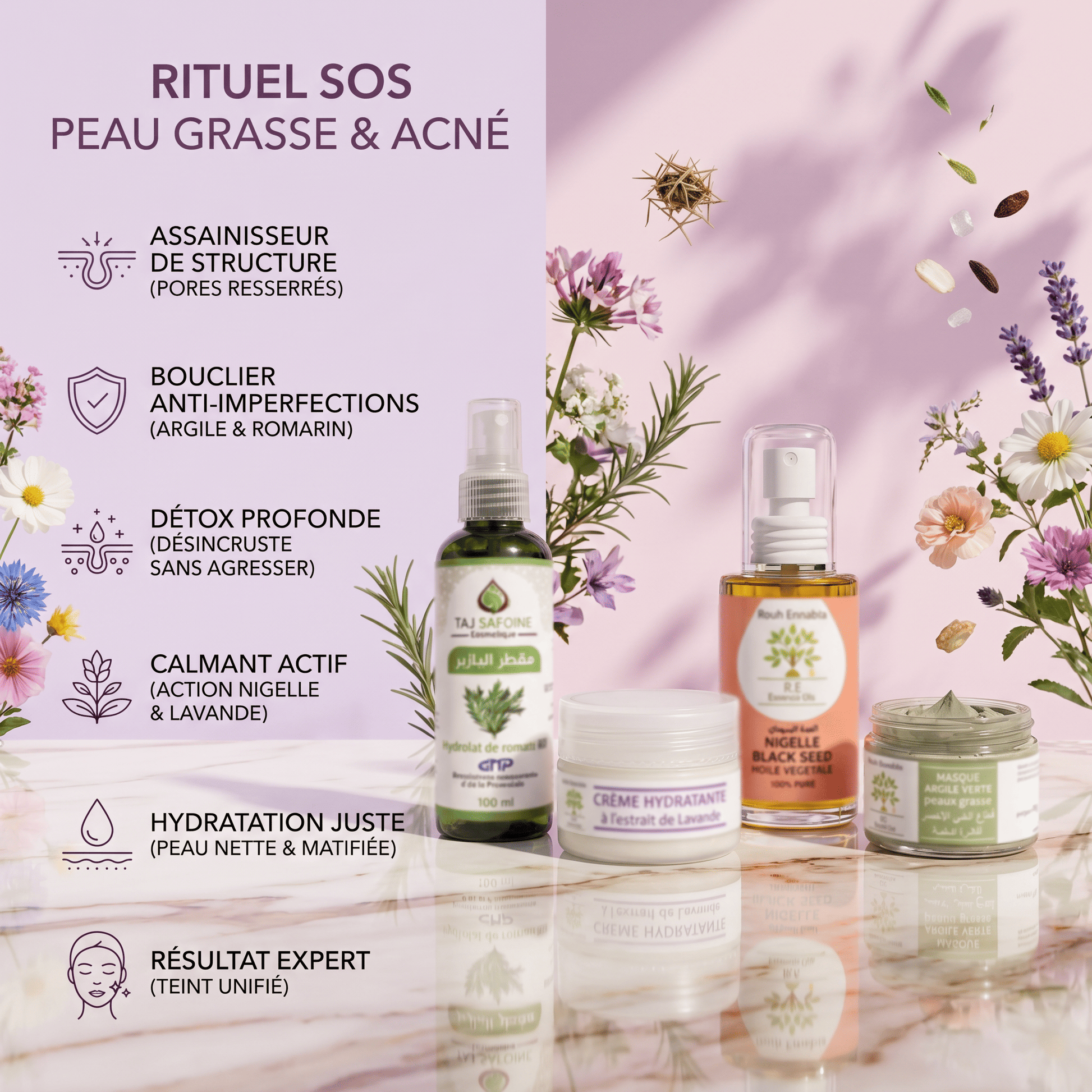 Rituel SOS Peau Grasse & Acné – 6 bénéfices : assainit, anti-imperfections, détox, calme, hydrate, teint uniforme