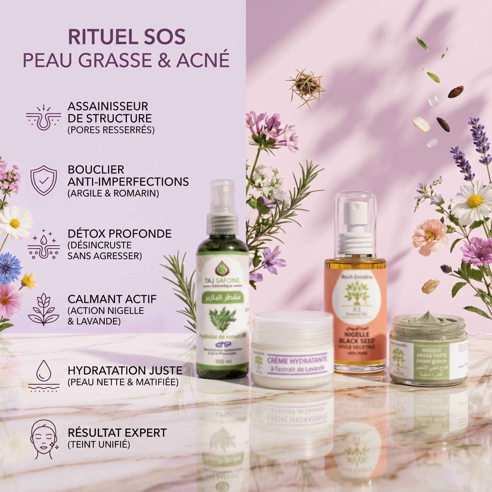 Rituel SOS Peau Grasse & Acné – 6 bénéfices : assainit, anti-imperfections, détox, calme, hydrate, teint uniforme