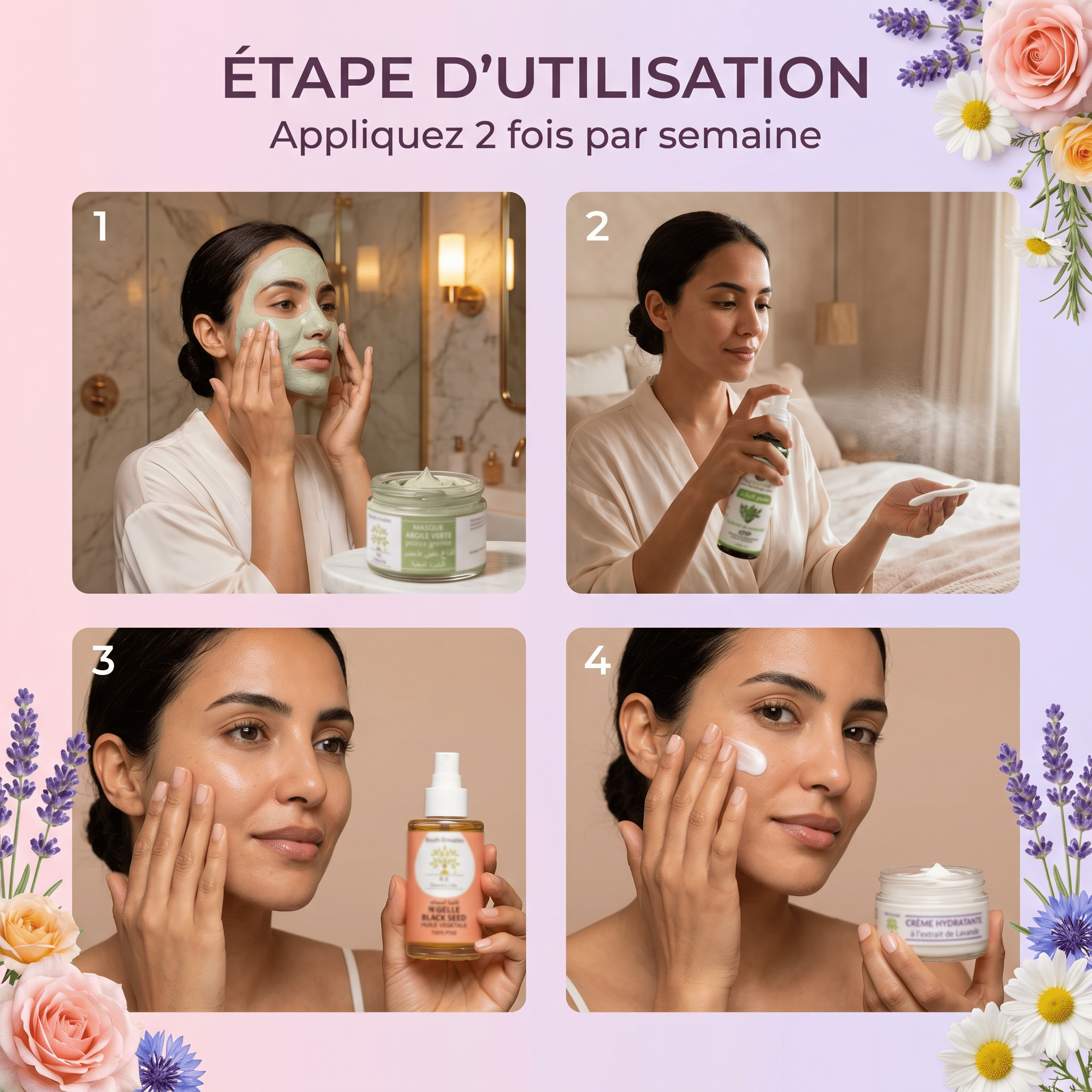 Rituel SOS Peau Grasse & Acné – Étapes d'utilisation 2 fois par semaine : nettoyer, tonifier, sérum et masque