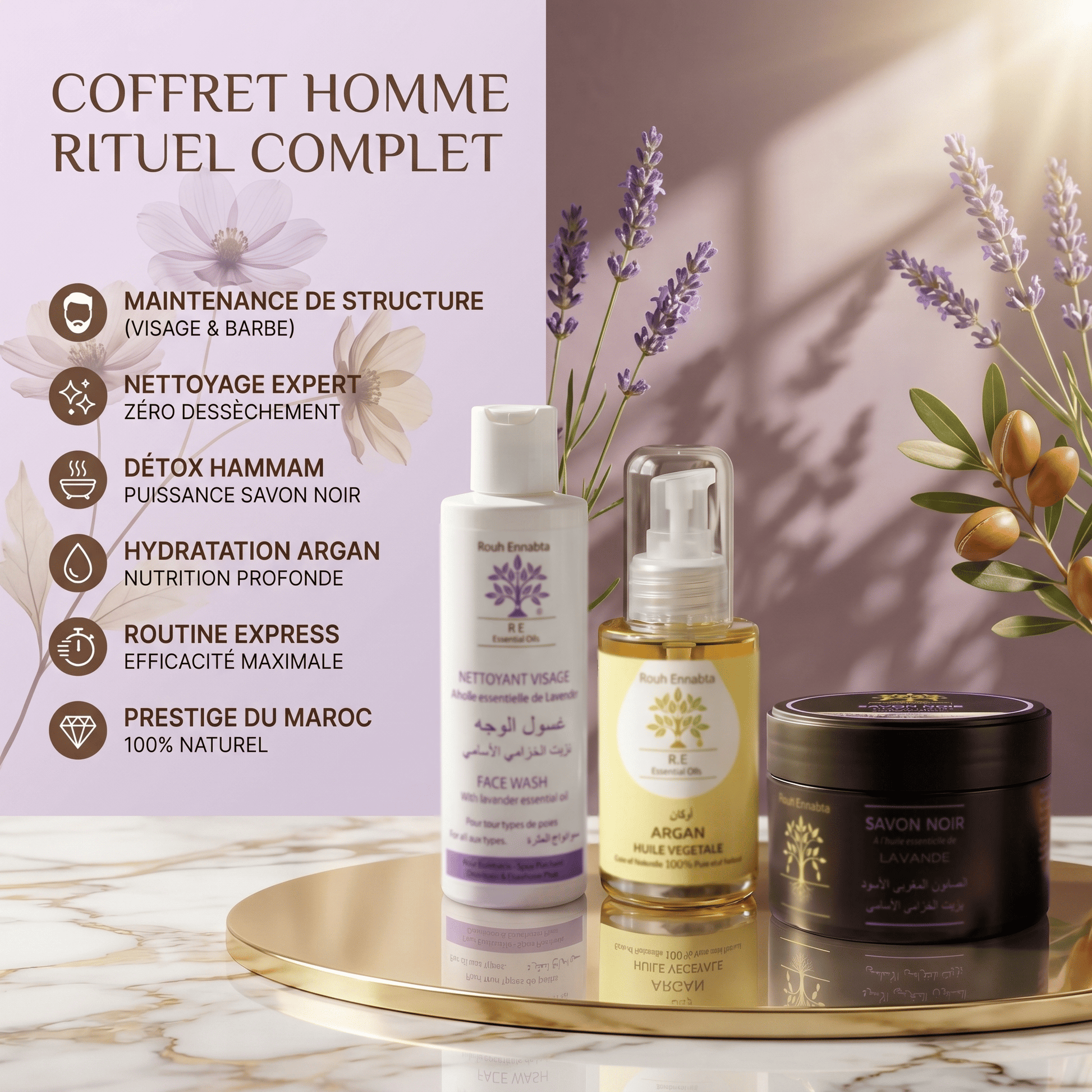 Coffret Homme Rituel Complet – 6 bénéfices : entretien barbe, nettoyage express, détox hammam, hydratation argan, prestige