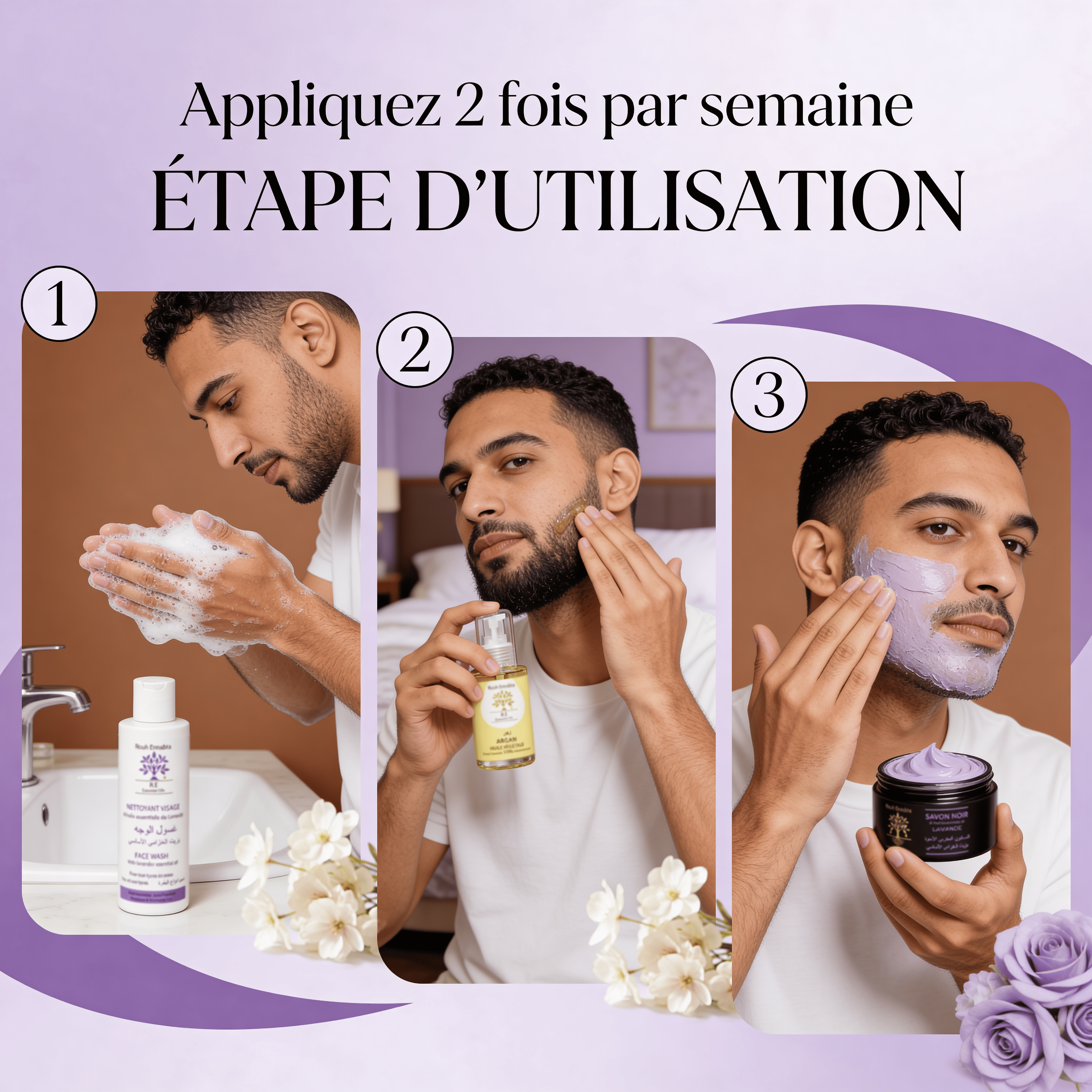 Coffret Homme Rituel Complet – Étapes en 3 gestes : nettoyer le visage, hydrater à l'huile d'argan, savon noir au hammam